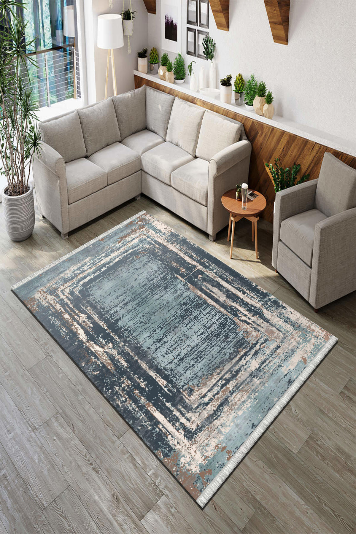 Roslyn Home Turkuaz 6 mm Polyester Toz Tutmaz Yıkanabilir İnce Kaymaz Dot Taban Dikdörtgen Makine Dokuma Salon Halısı 120x200 cm