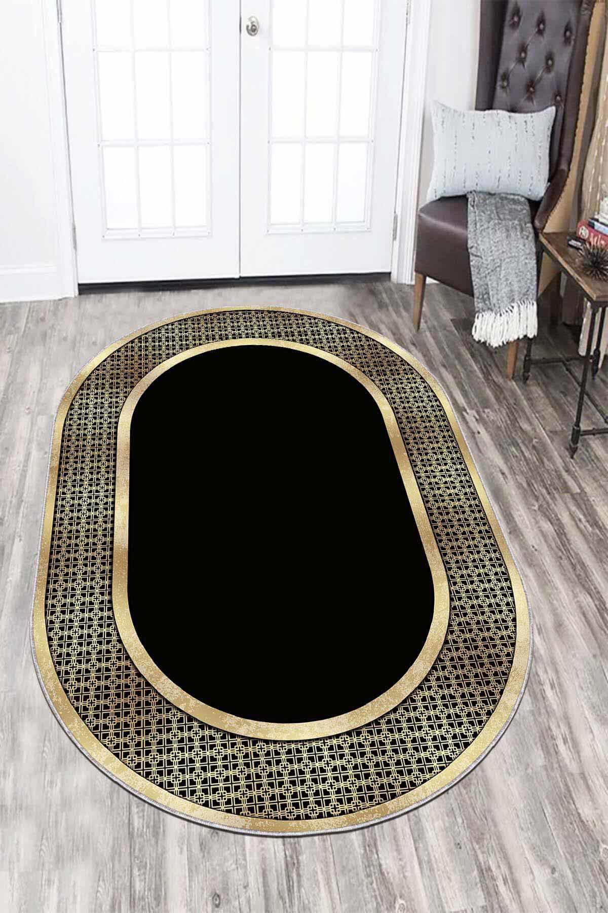 Viva Home AR727 Altın-Siyah 7 mm Mikropolyester Antibakteriyel Yıkanabilir Kalın Kaymaz Lateks Taban Oval Makine Dokuma Salon Halısı 200x290 cm