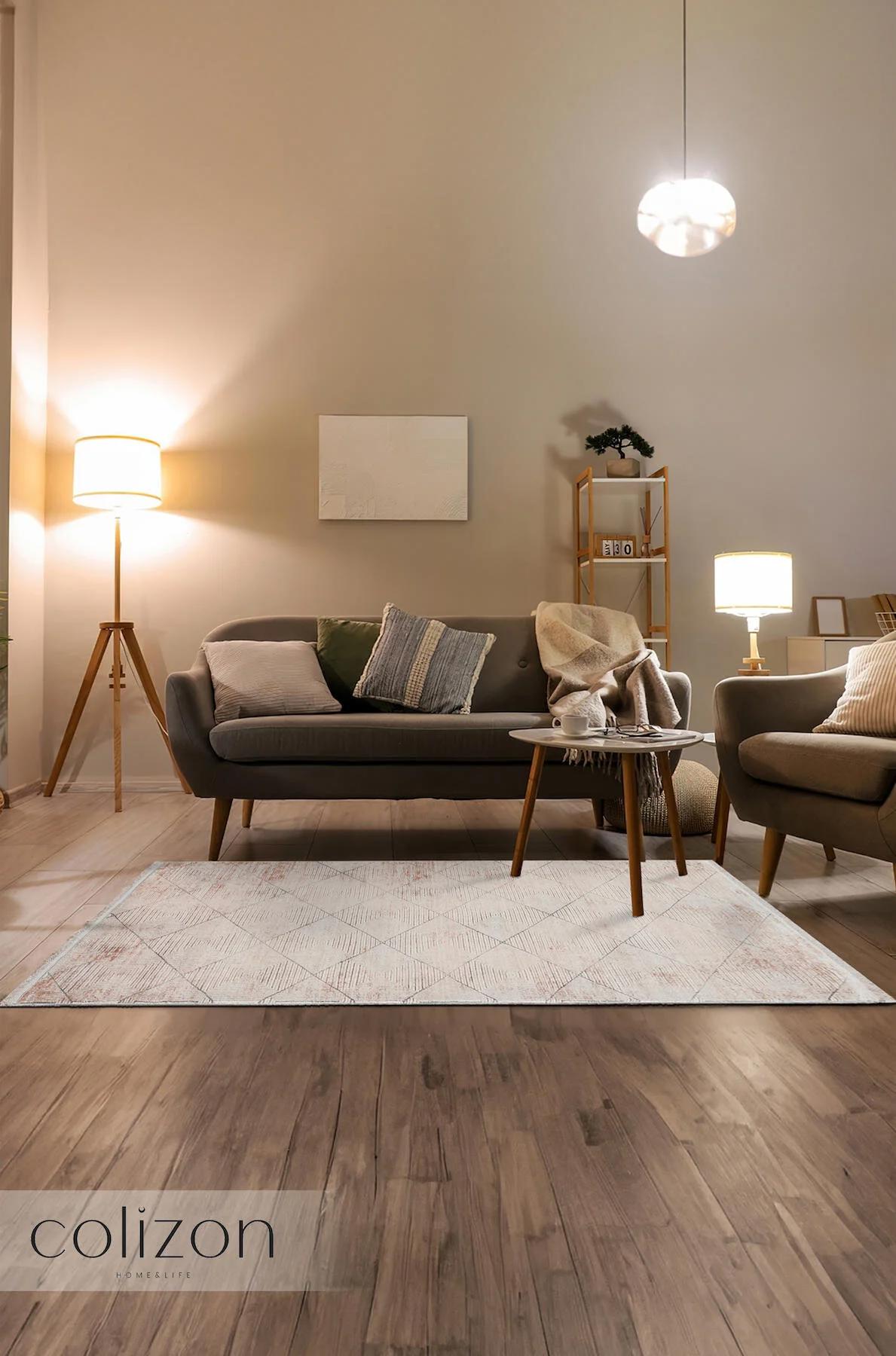 Colizon Cubist Krem 5 mm Akrilik Yıkanabilir Orta Kaymaz Dikdörtgen Makine Dokuma Salon Halısı 80x150 cm