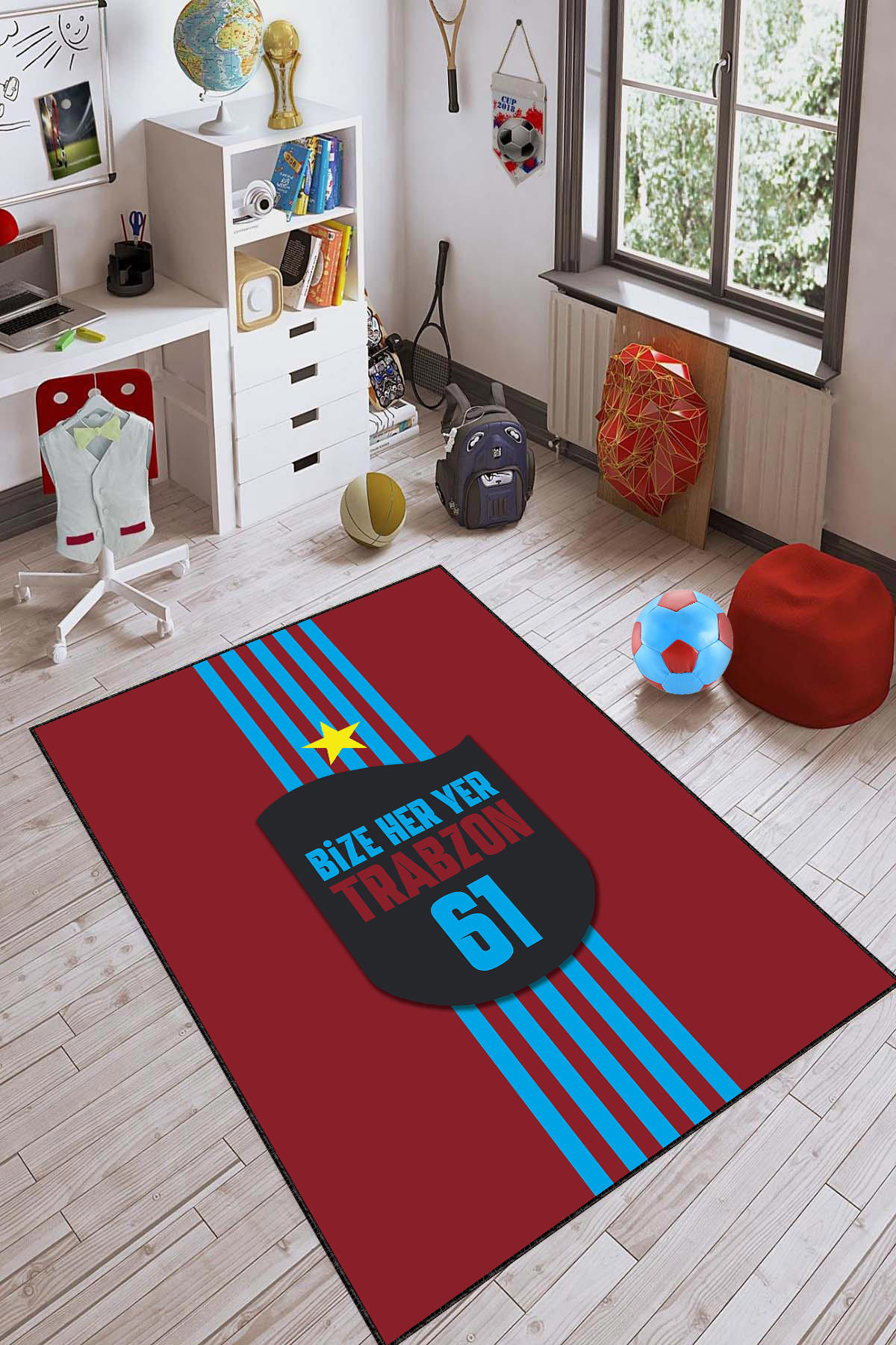 Viva Home KD107 Bordo - Mavi 7 mm Mikropolyester Leke Tutmaz-Toz Tutmaz Yıkanabilir Orta Kaymaz Dot Taban Futbol Temalı Dikdörtgen Makine Dokuma Salon Halısı 160x230 cm