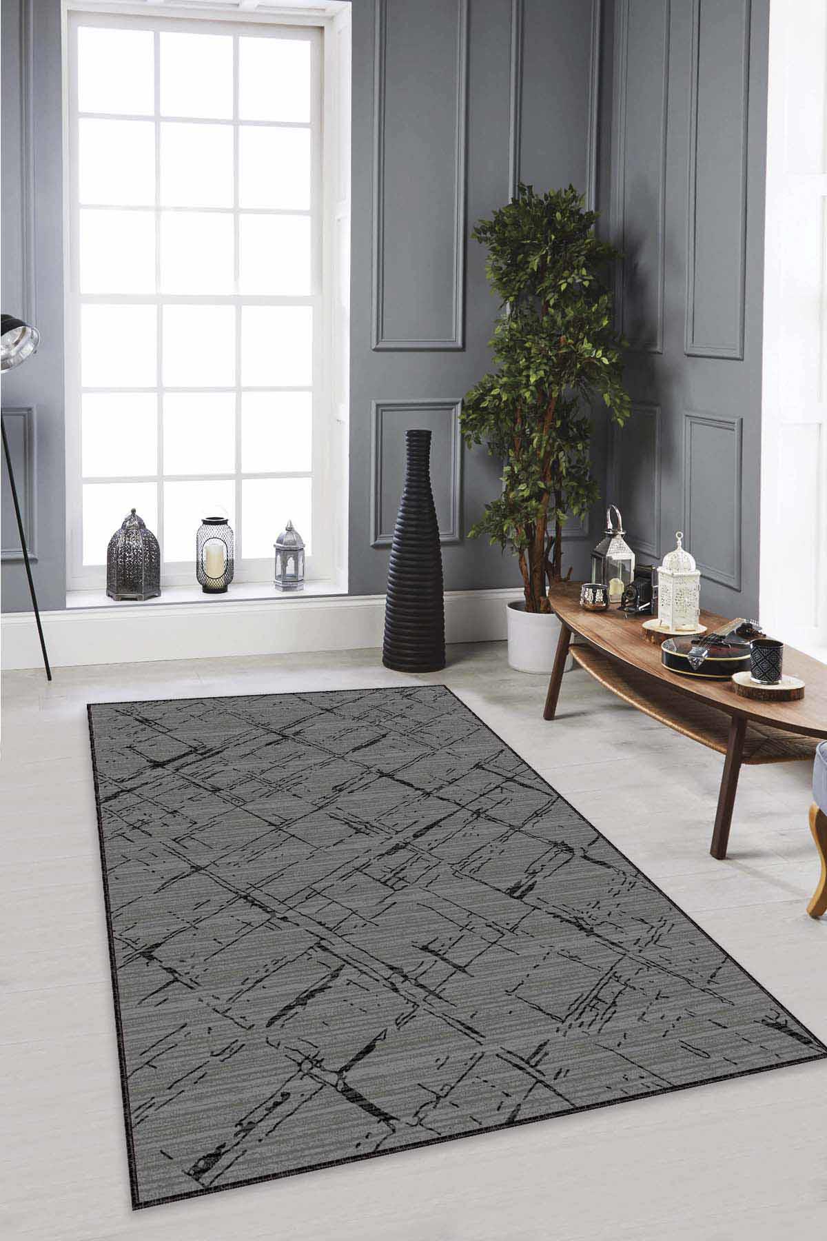 Viva Home AR471 Gri 7 mm Mikropolyester Toz Tutmaz Yıkanabilir İnce Kaymaz Dot Taban Dikdörtgen Makine Dokuma Salon Halısı 160x220 cm