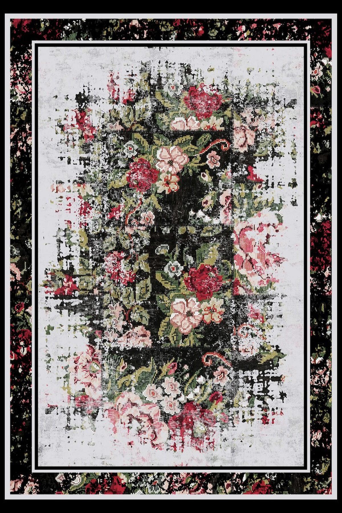 Halı Atölyesi HK009 Gri-Siyah 5 mm Pamuk Yıkanabilir Kaymaz Taban Dikdörtgen Makine Dokuma Salon Halısı 100x500 cm