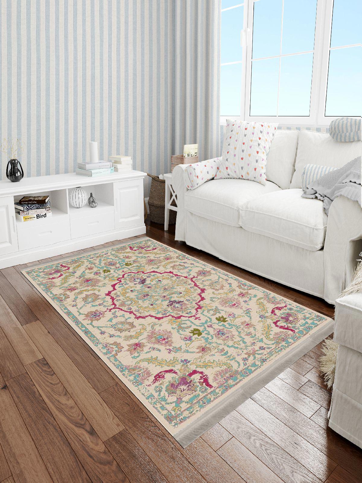 Enbe Collection E-OT4024A Çok Renkli 5 mm Pamuk Antibakteriyel Yıkanabilir Orta Kaymaz Dot Taban Dikdörtgen Makine Dokuma Oturma Odası Halısı 100x300 cm