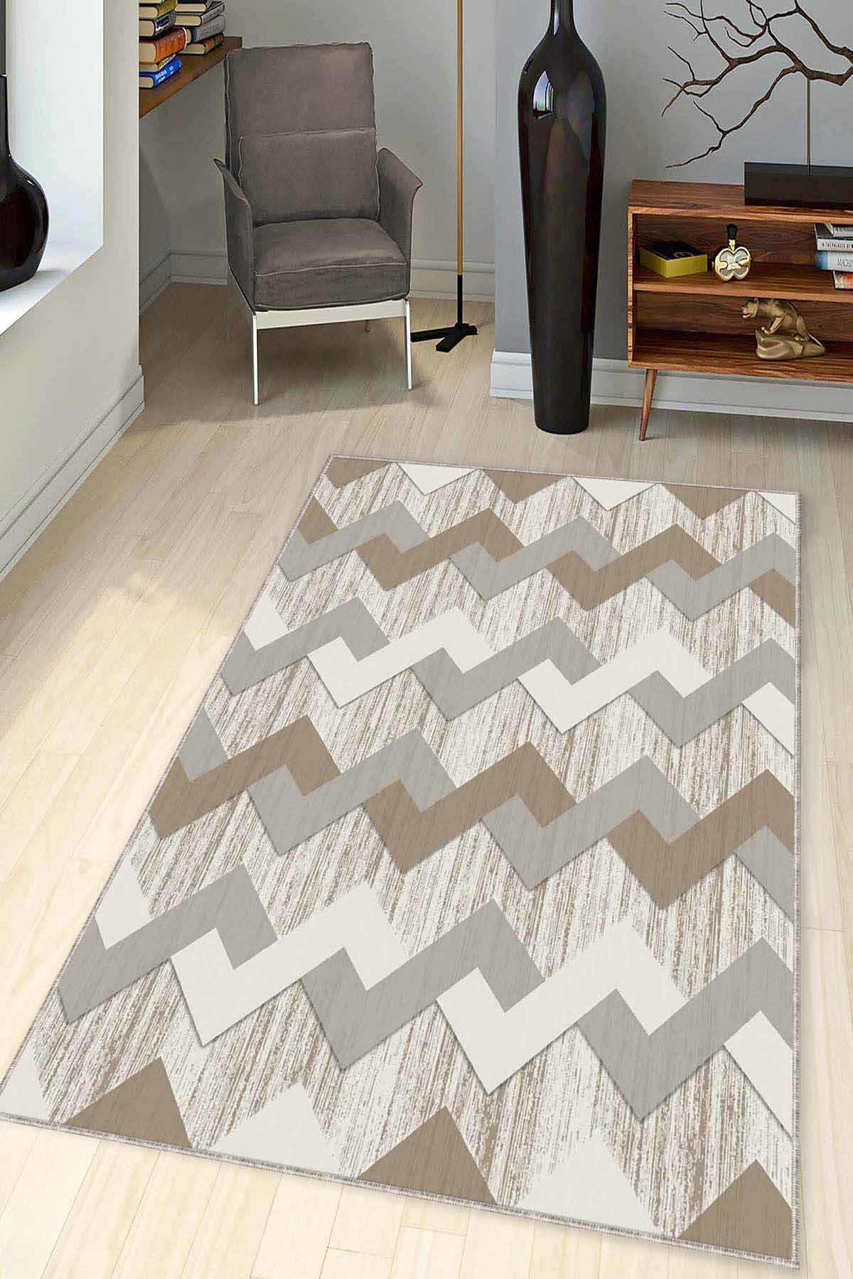 Viva Home KN007 Bej 7 mm Mikropolyester Leke Tutmaz Yıkanabilir İnce Kaymaz Dot Taban Dikdörtgen Makine Dokuma Salon Halısı 160x300 cm