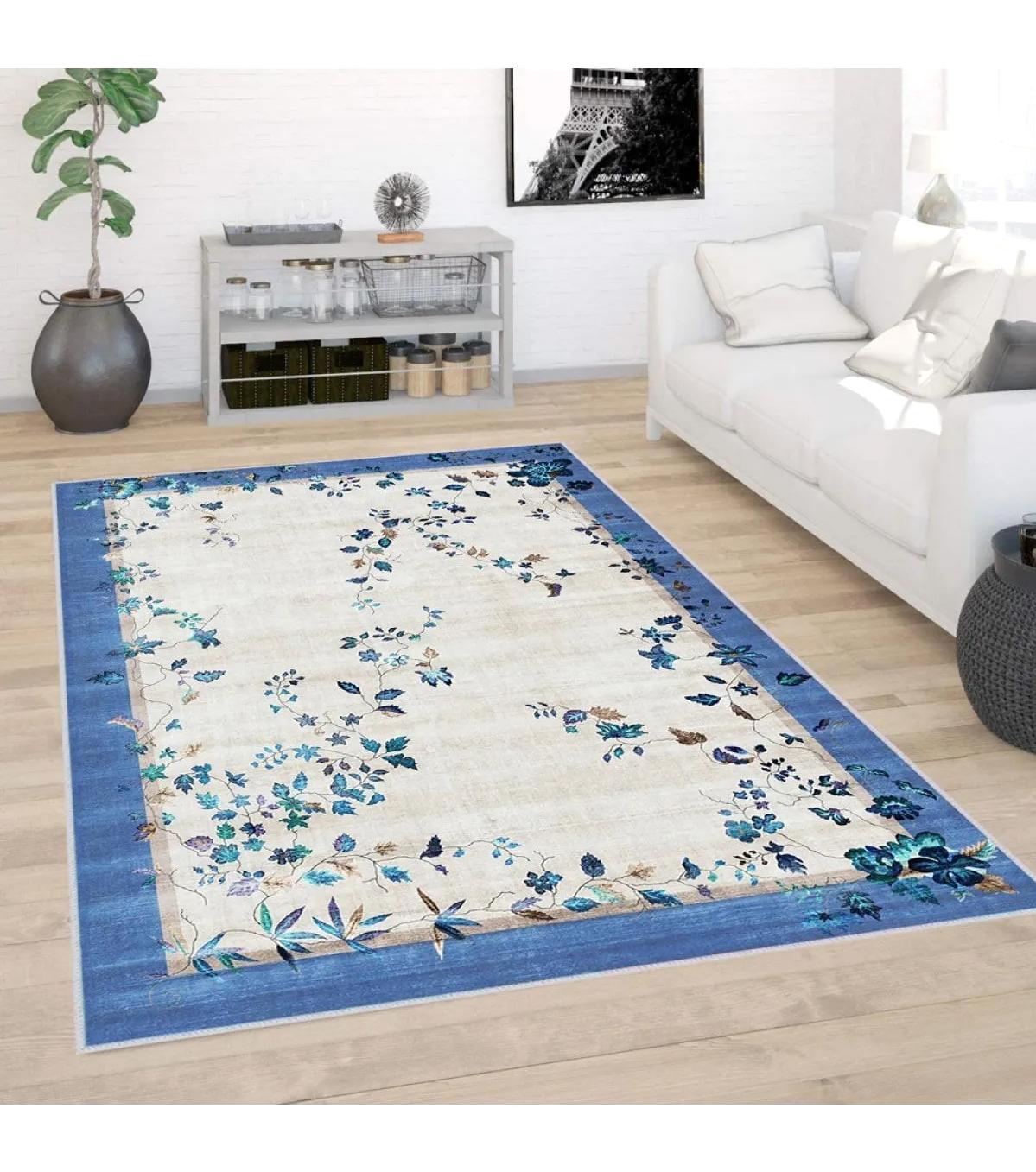 Rovigo Home RVG0392 Beyaz-Mavi 8 mm Polyester Antibakteriyel-Leke Tutmaz-Toz Tutmaz Yıkanabilir İnce Kaymaz Dot Taban Dikdörtgen Makine Dokuma Salon Halısı 160x230 cm