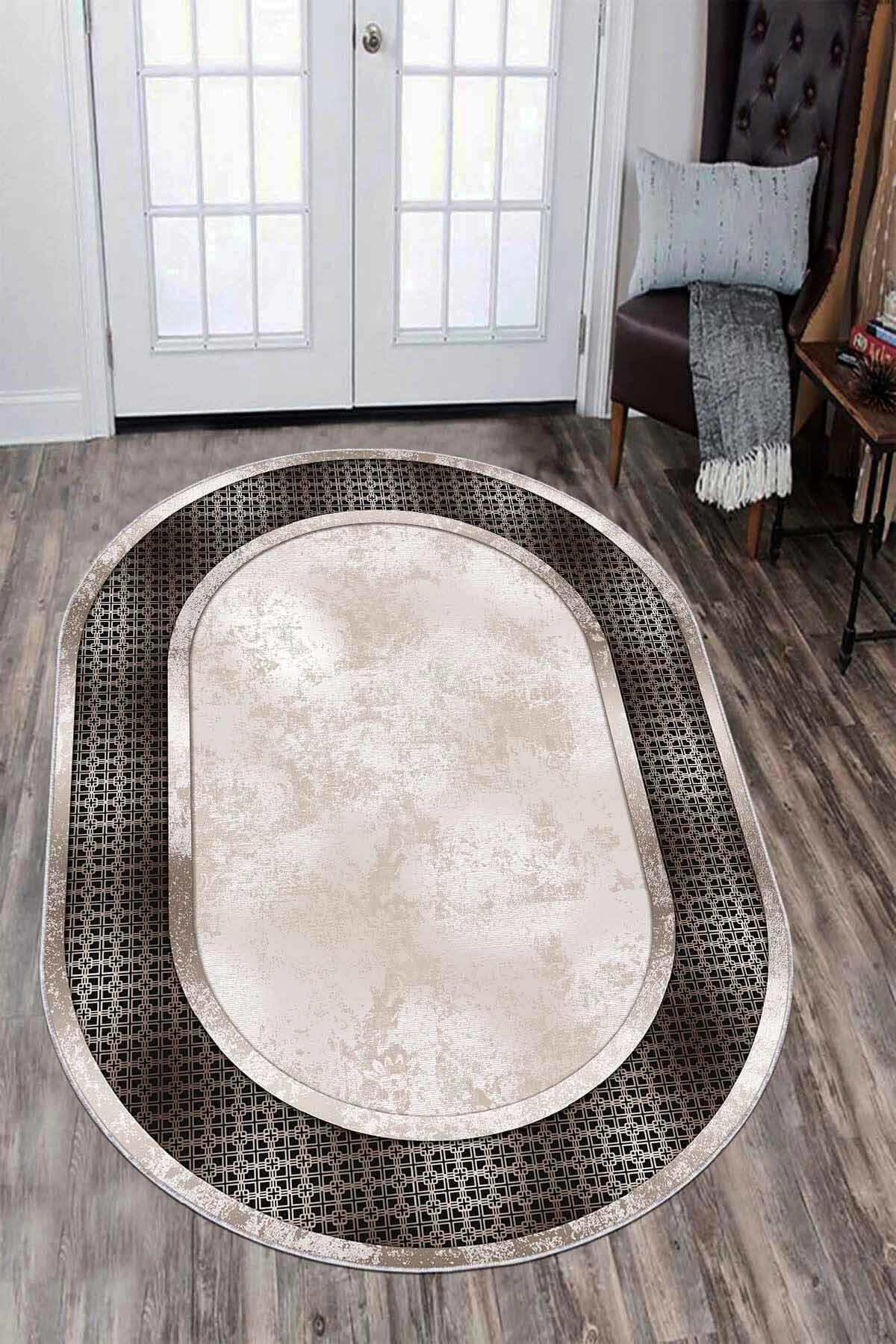 Viva Home AR988 Bej 7 mm Mikropolyester Yıkanabilir İnce Kaymaz Jüt Taban Oval Makine Dokuma Salon Halısı 100x200 cm