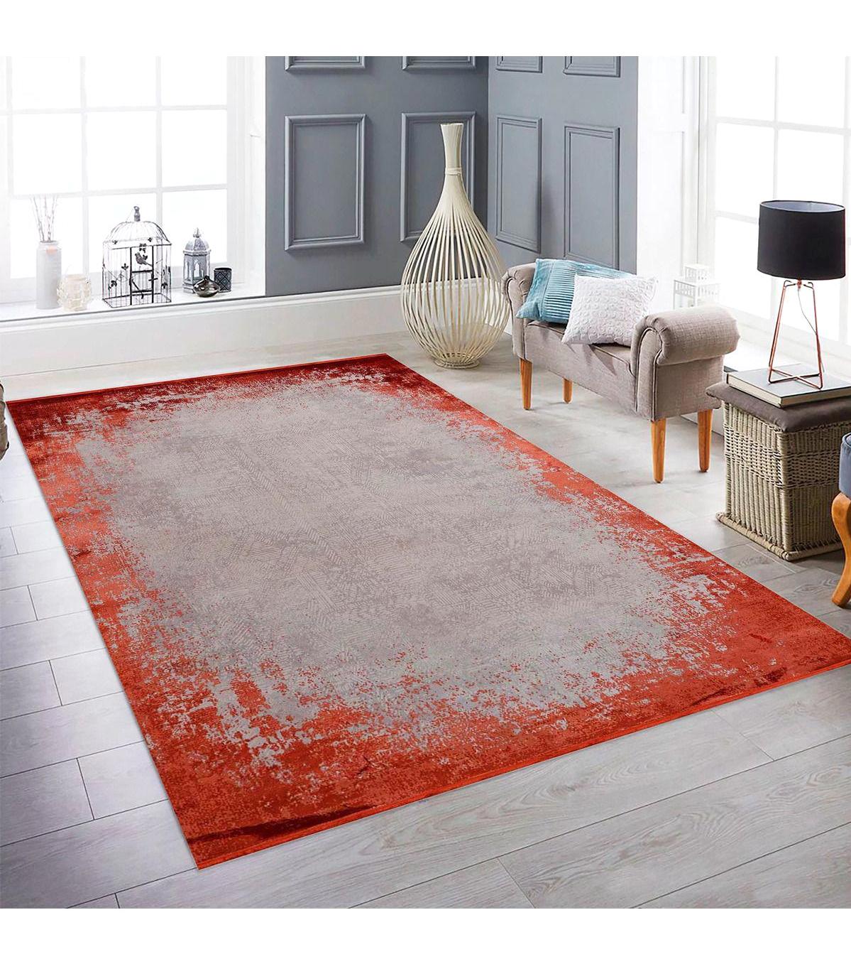 Royal Halı Da Vinci Gri-Turuncu 6 mm İpek Toz Tutmaz Yıkanabilir Kalın Kaymaz Lateks Taban Dikdörtgen Makine Dokuma Salon Halısı 80x200 cm