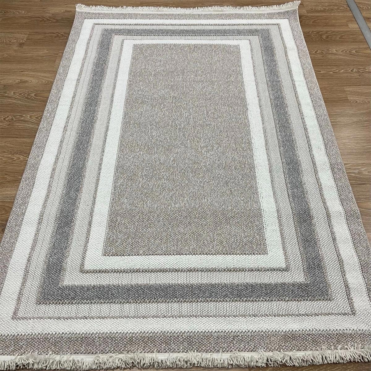 Eko Halı Motto MOT04 Bej-Gri 7 mm Polyester Silinebilir Yıkanabilir Orta Kaymaz Dikdörtgen Makine Dokuma Oturma Odası-Salon Halısı 150x230 cm