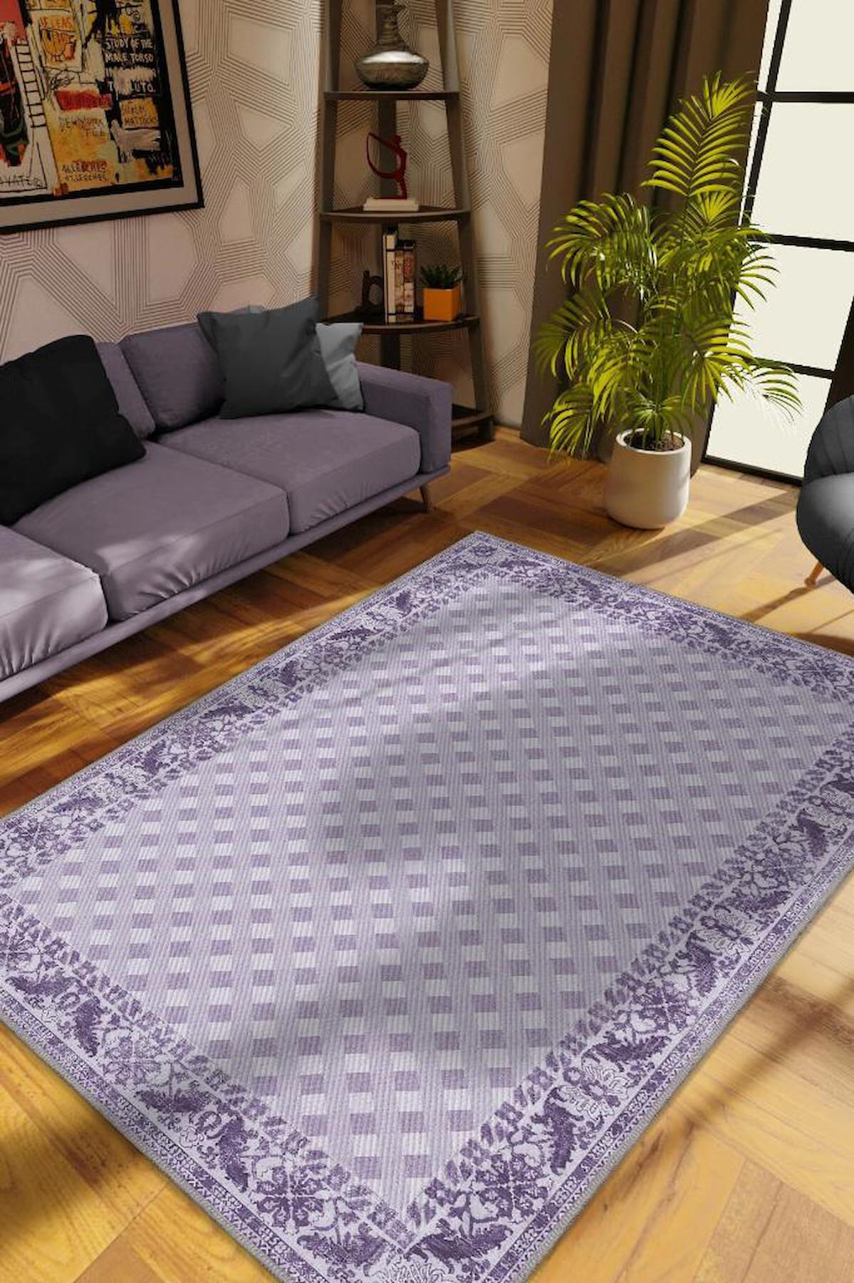 Homshtag Mor 4 mm Pamuk Antistatik Yıkanabilir İnce Kaymaz Dikdörtgen Makine Dokuma Salon Halısı 100x150 cm