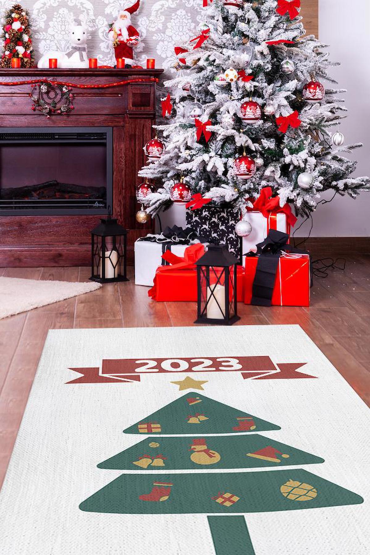 Homshtag Hoş Geldin Yeni Yıl Krem 4 mm Pamuk Antistatik Yıkanabilir İnce Kaymaz Dikdörtgen Makine Dokuma Salon Halısı 120x180 cm