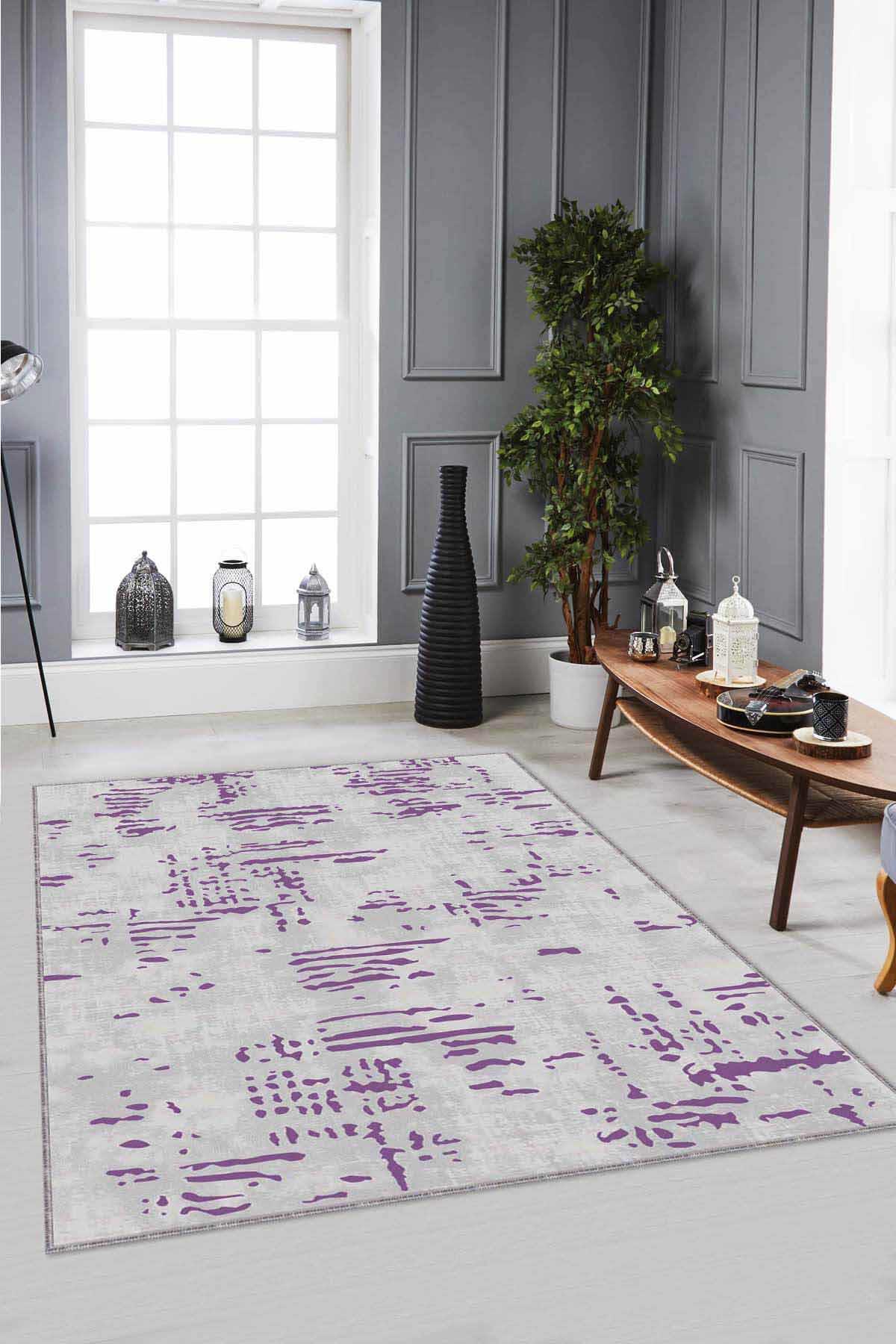 Viva Home DR004 Mor 7 mm Mikropolyester Antibakteriyel Yıkanabilir İnce Kaymaz Dot Taban Dikdörtgen Makine Dokuma Salon Halısı 140x200 cm