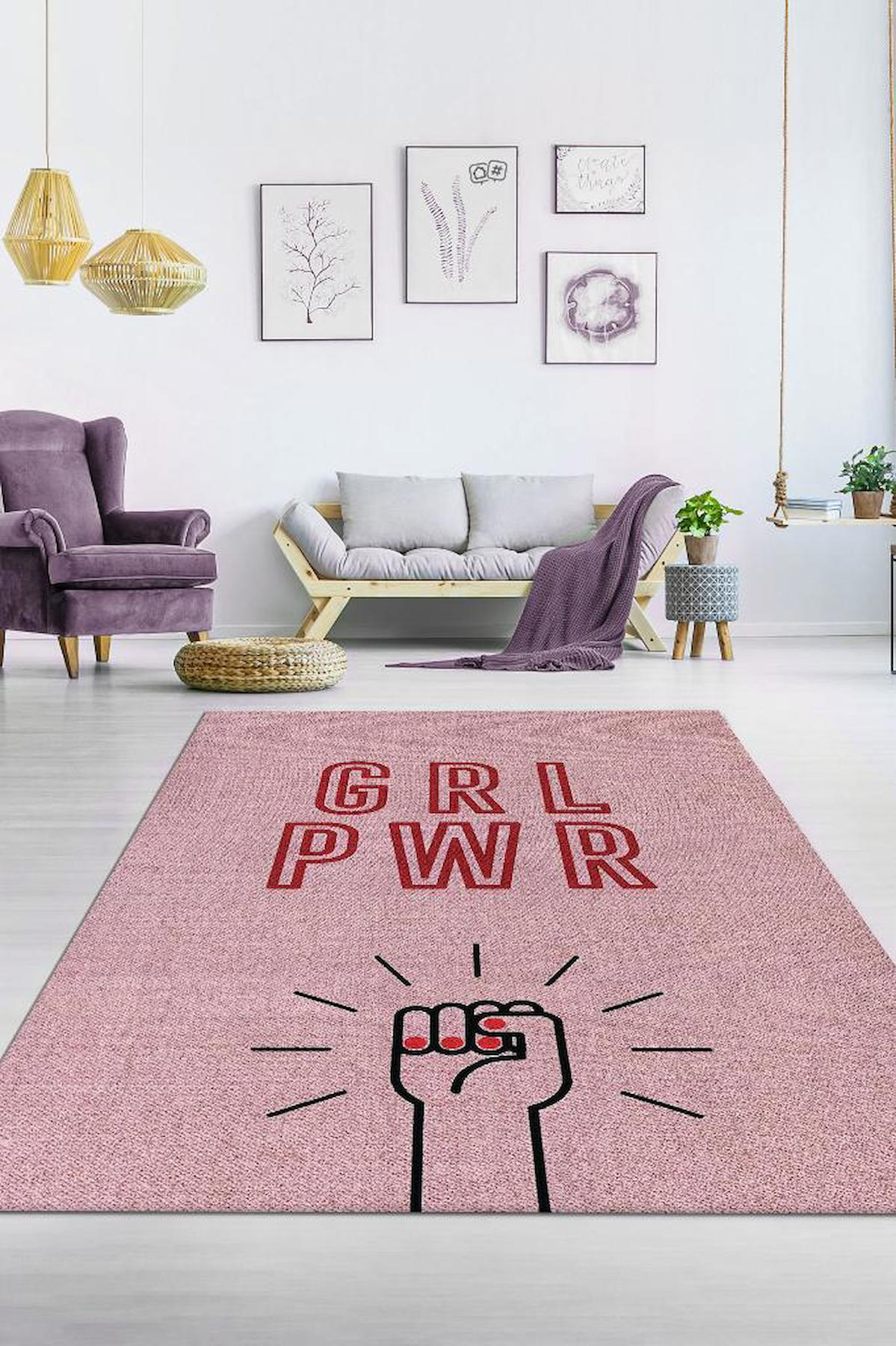 Homshtag Girl Power Çok Renkli 4 mm Pamuk Antistatik Yıkanabilir İnce Kaymaz Dikdörtgen Makine Dokuma Salon Halısı 120x180 cm