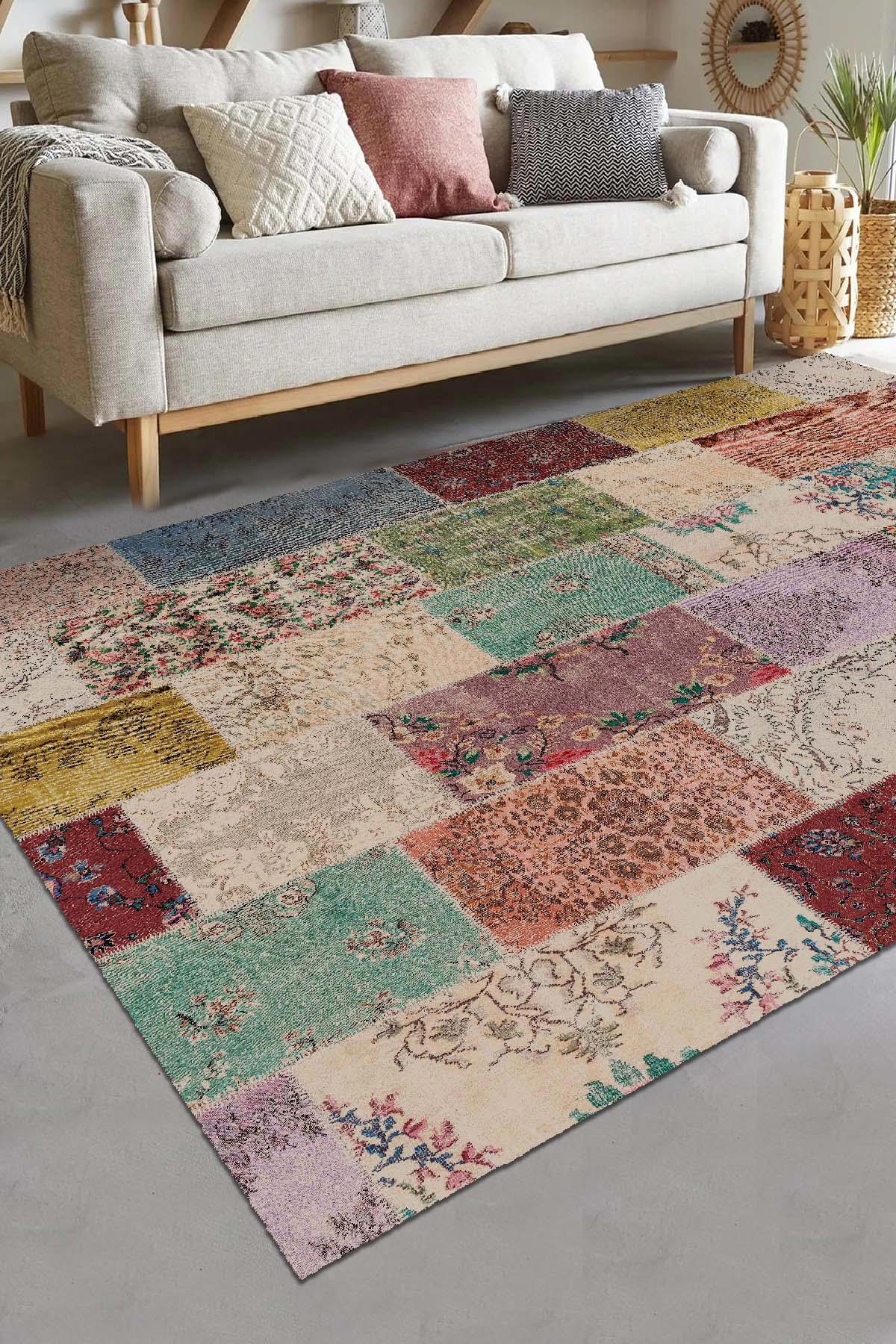 Aida Home Afra Krem 0.5 mm Pamuk Yıkanabilir İnce Kaymaz Jüt Taban Dikdörtgen Makine Dokuma Salon Halısı 120x120 cm
