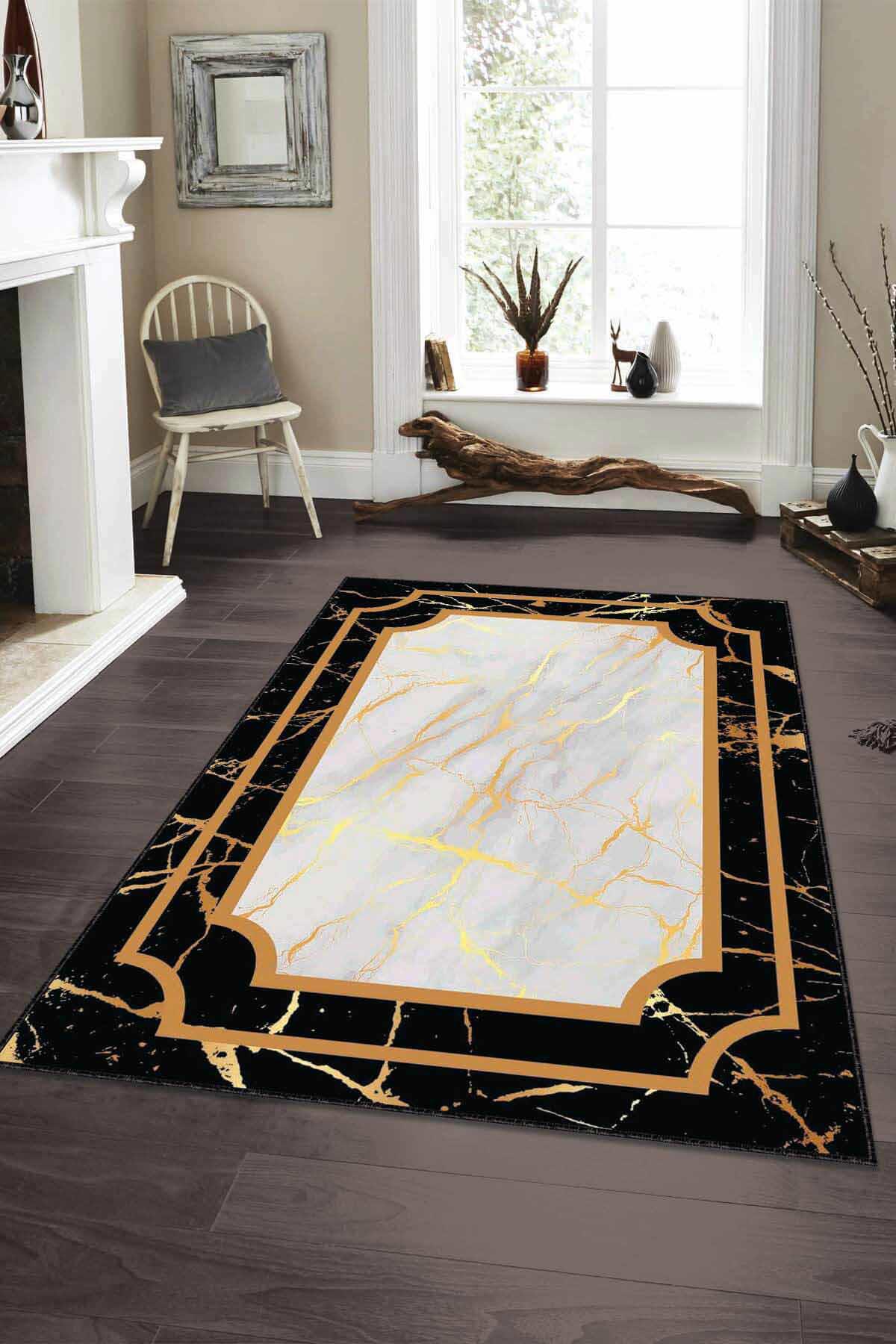 Viva Home AR108 Altın-Siyah 7 mm Mikropolyester Antibakteriyel Yıkanabilir Kalın Kaymaz Lateks Taban Dikdörtgen Makine Dokuma Salon Halısı 160x400 cm