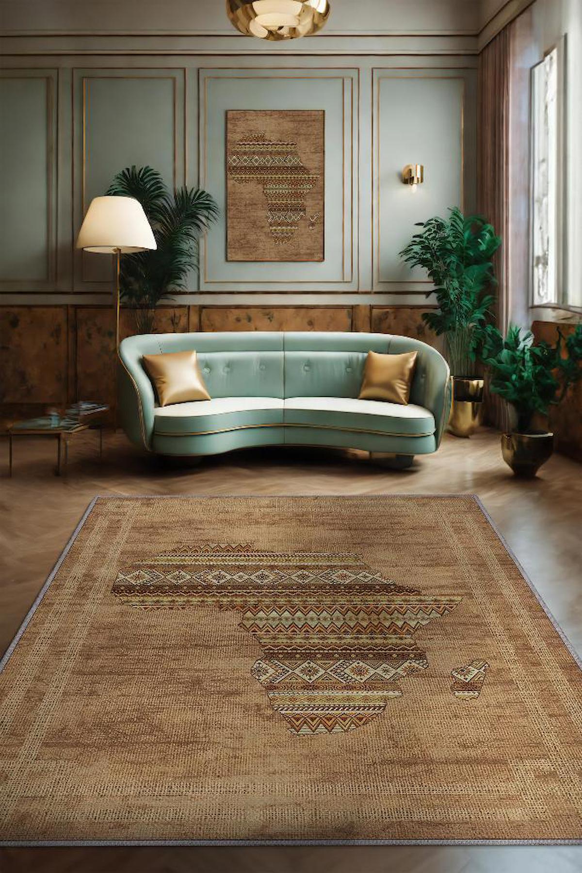 Homshtag Afro Temalı Kahverengi 4 mm Pamuk Antistatik Yıkanabilir İnce Kaymaz Dikdörtgen Makine Dokuma Salon Halısı 80x180 cm
