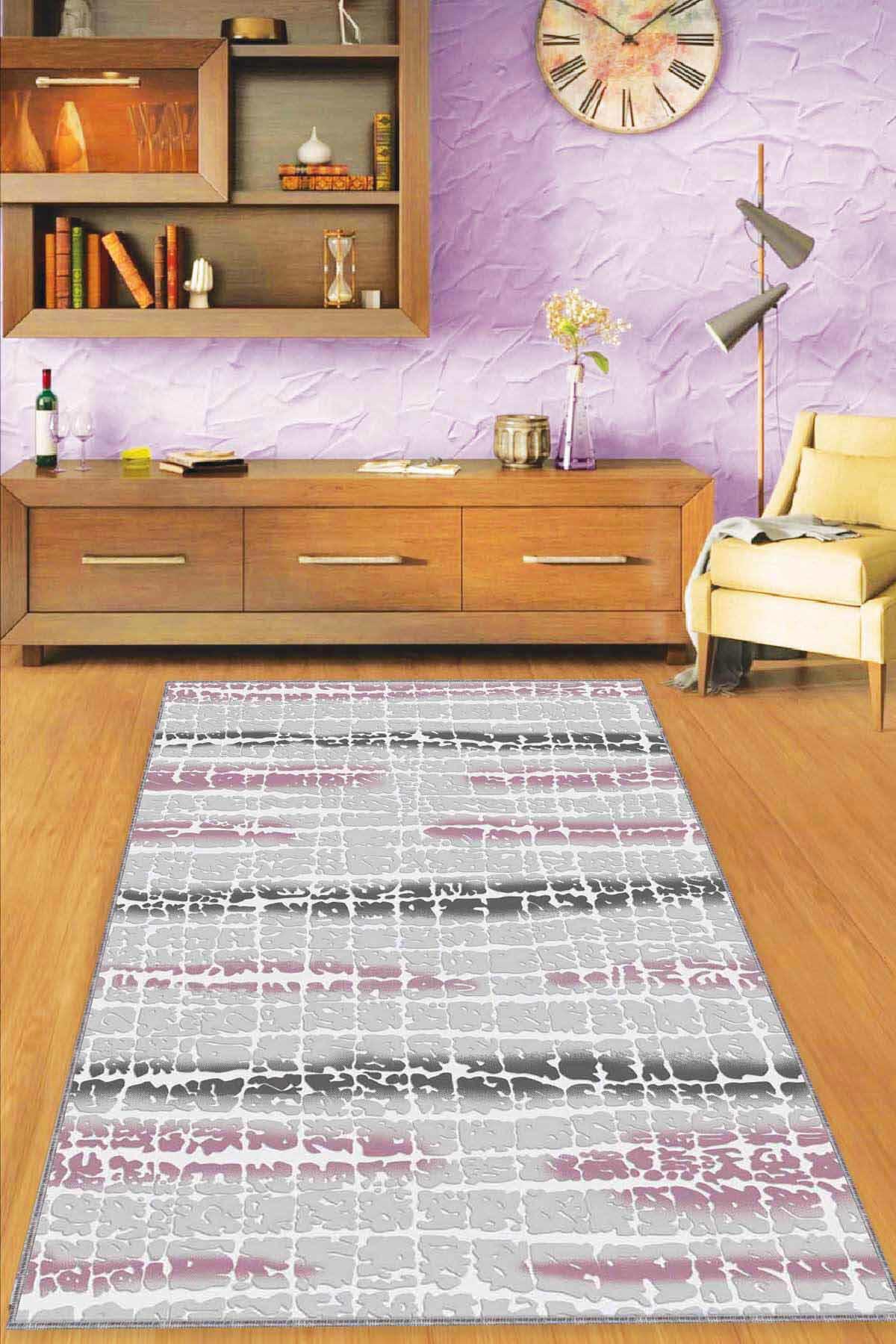 Viva Home FL07 Pembe 7 mm Mikropolyester Leke Tutmaz Yıkanabilir İnce Kaymaz Dot Taban Dikdörtgen Makine Dokuma Salon Halısı 140x200 cm
