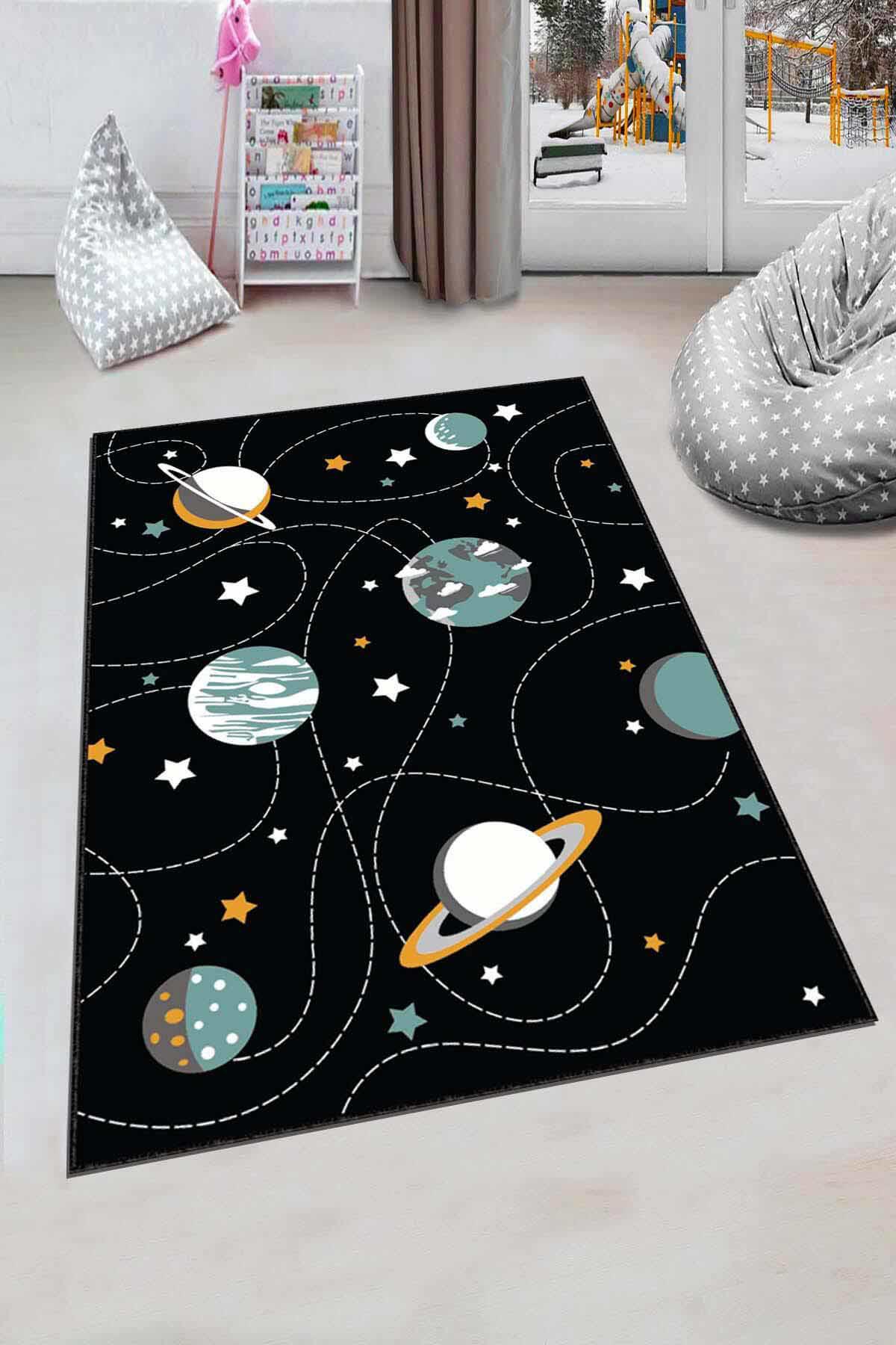 Viva Home AR227 Siyah 7 mm Mikropolyester Antibakteriyel Yıkanabilir İnce Kaymaz Lateks Taban Dikdörtgen Makine Dokuma Çocuk Odası Halısı 100x200 cm