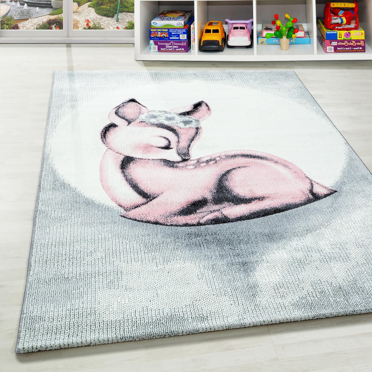 Wide Shop Pembe 7 mm Polipropilen Antialerjenik Yıkanabilir Kalın Jüt Taban Hayvan Desenli Dikdörtgen Makine Dokuma Çocuk Odası Halısı 80x150 cm