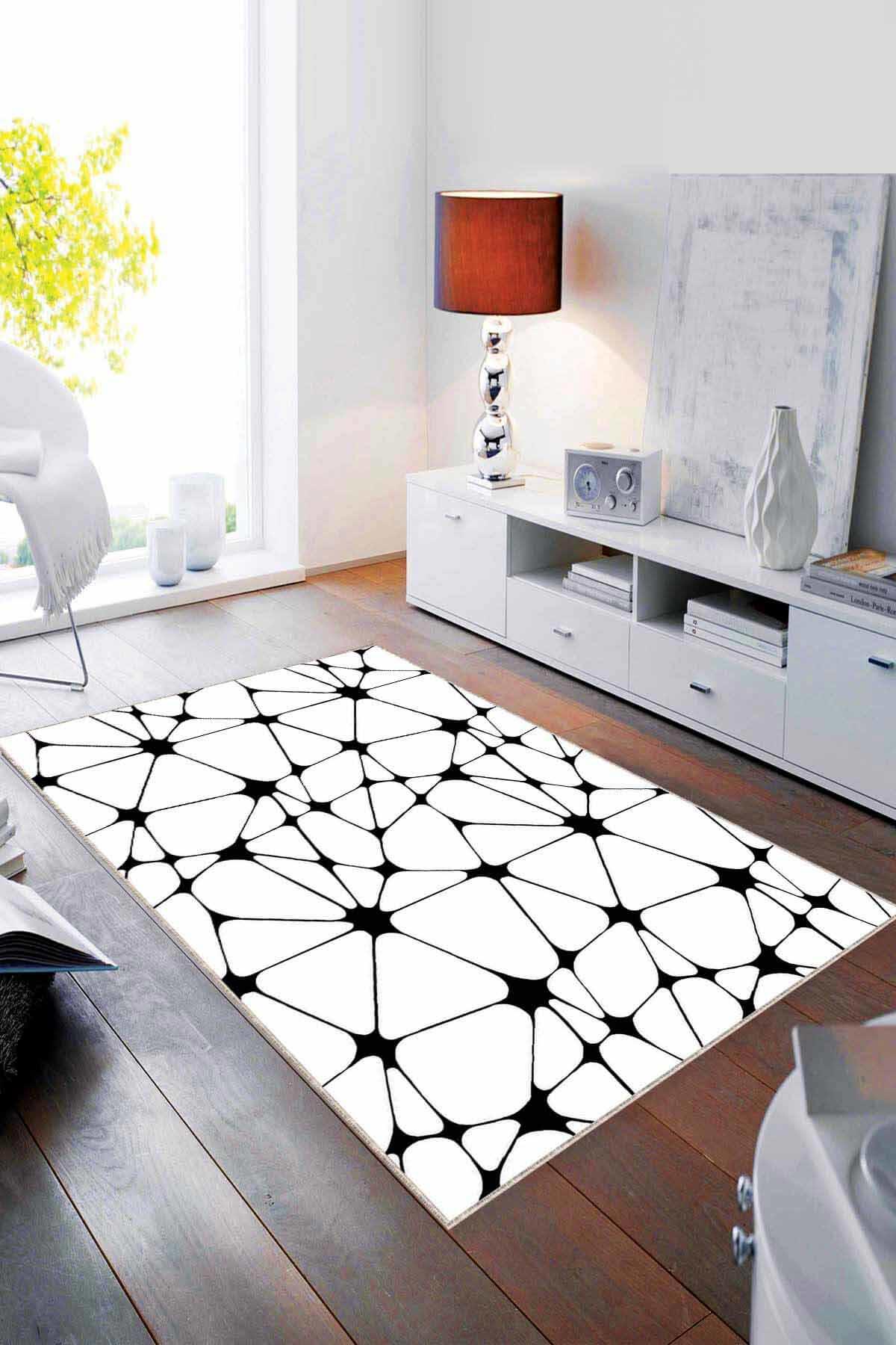 Viva Home MRC01 Beyaz - Siyah 7 mm Mikropolyester Leke Tutmaz Yıkanabilir İnce Kaymaz Dot Taban Dikdörtgen Makine Dokuma Salon Halısı 160x230 cm