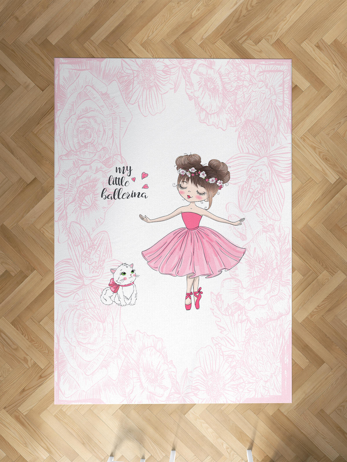 Mekta Home Balerin-Kedi Krem 10 mm Antibakteriyel Yıkanabilir İnce Kaymaz Dot Taban Dikdörtgen Makine Dokuma Çocuk Odası Halısı 150x500 cm