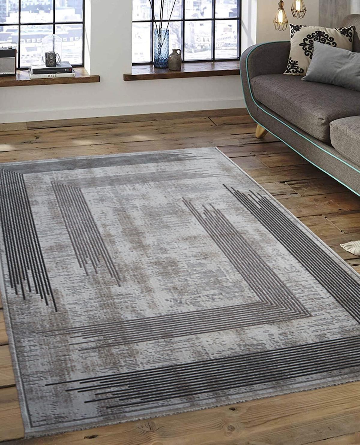 İpek Mekik Halı Gordion Ekru - Siyah 7 mm Polyester Yıkanabilir Orta Kaymaz Pamuk Taban Dikdörtgen Makine Dokuma Antre-Çocuk Odası-Salon-Yatak Odası Halısı 140x200 cm