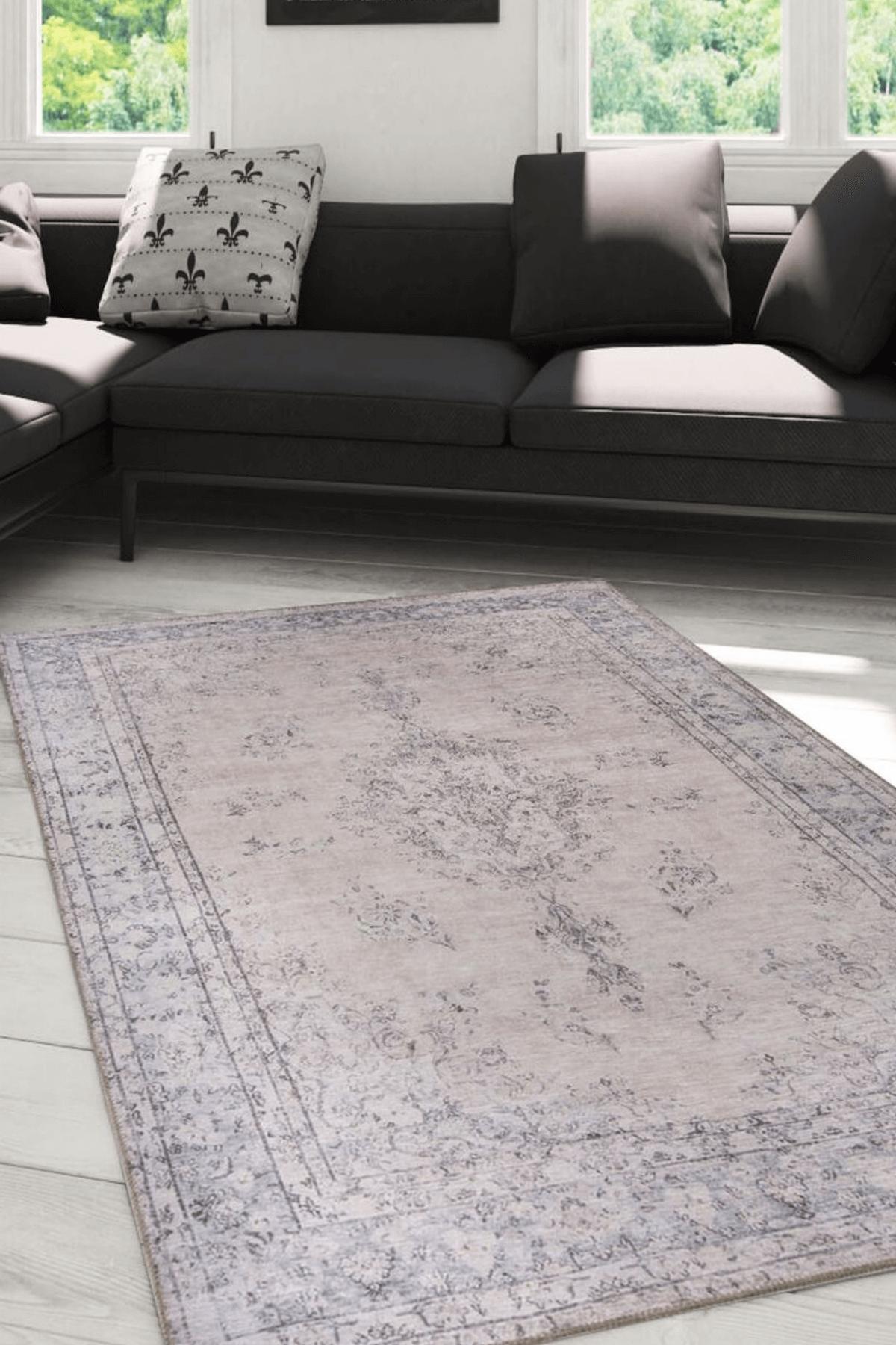 Artloop AL-128 Bej 4 mm Polyester Yıkanabilir İnce Kaymaz Jüt Taban Dikdörtgen Makine Dokuma Salon Halısı 160x230 cm