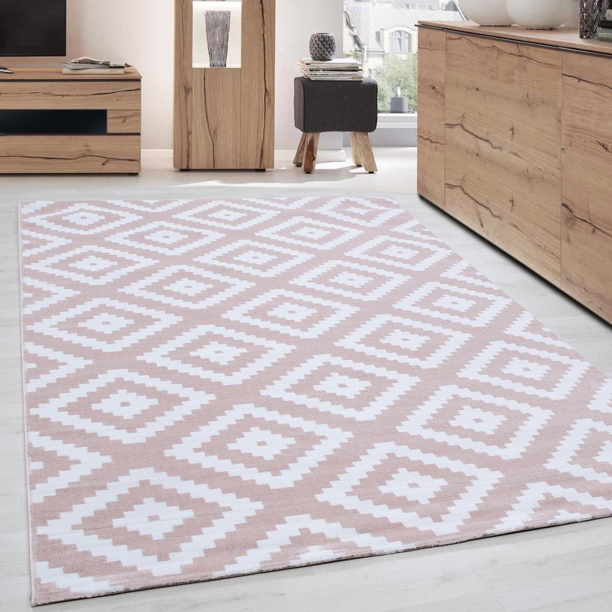 Wide Shop Pembe 8 mm Polipropilen Antibakteriyel Yıkanabilir İnce Kaymaz Jüt Taban Dikdörtgen Makine Dokuma Salon Halısı 140x200 cm