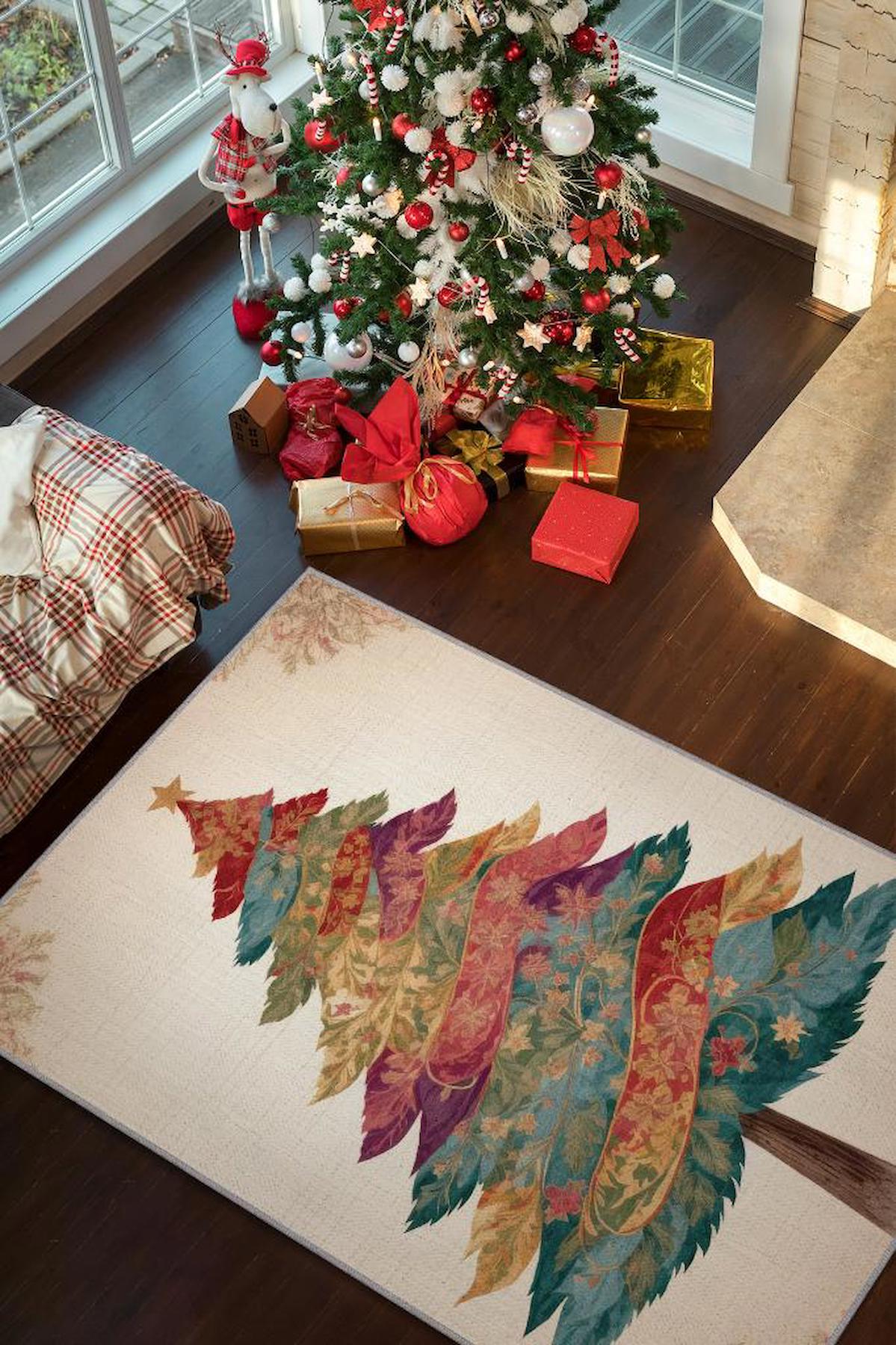 Homshtag Yeni Yıl Krem 4 mm Pamuk Antistatik Yıkanabilir İnce Kaymaz Dikdörtgen Makine Dokuma Salon Halısı 160x230 cm
