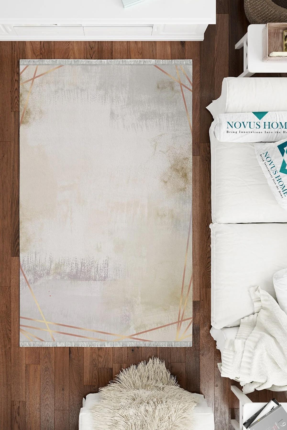 Novus Home Cotton Serisi Krem 5 mm Pamuk Antibakteriyel-Toz Tutmaz-Yalıtıma Yardımcı Yıkanabilir İnce Kaymaz Taban Dikdörtgen Makine Dokuma Antre-Salon-Yatak Odası Halısı 100x300 cm