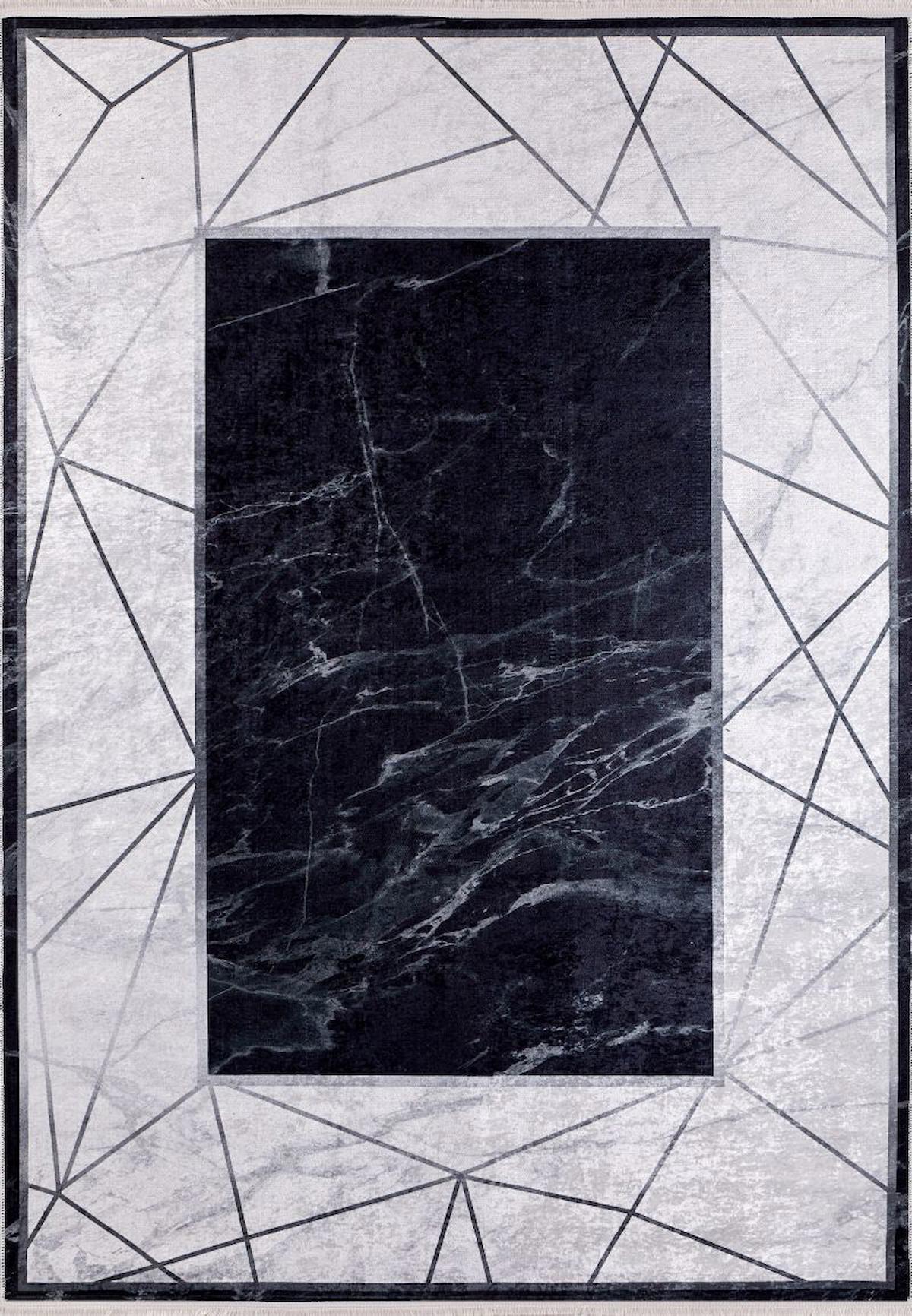 Halı Atölyesi HA110 Gri-Siyah 5 mm Pamuk Yıkanabilir İnce Kaymaz Taban Geometrik Dikdörtgen Makine Dokuma Oturma Odası-Salon Halısı 120x160 cm