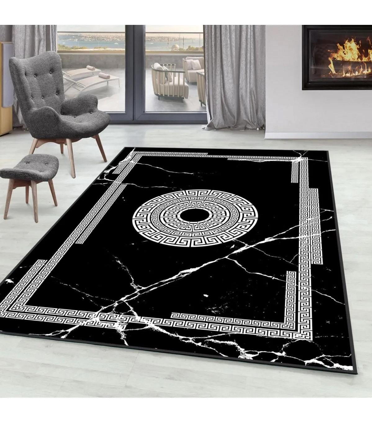 Rovigo Home RVG0291-SD594 Beyaz - Siyah 8 mm Polyester Antibakteriyel-Leke Tutmaz-Toz Tutmaz Yıkanabilir İnce Kaymaz Dot Taban Dikdörtgen Makine Dokuma Salon Halısı 100x150 cm