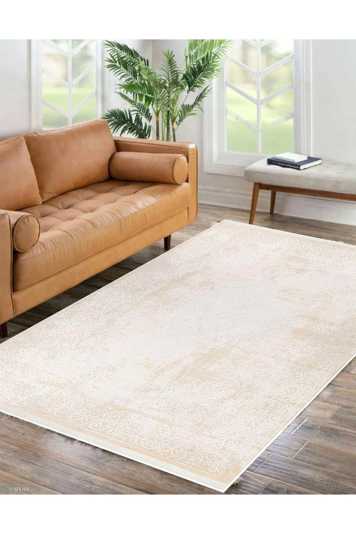 İpek Mekik Halı Gaspara Bej 10 mm Akrilik Yıkanabilir Orta Kaymaz Pamuk Taban Dikdörtgen Makine Dokuma Antre-Çocuk Odası-Salon-Yatak Odası Halısı 120x160 cm