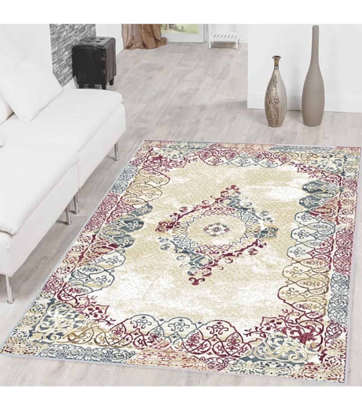 Rovigo Home RVG1483 Krem 8 mm Polyester Leke Tutmaz-Toz Tutmaz Yıkanabilir İnce Kaymaz Dot Taban Dikdörtgen Makine Dokuma Salon Halısı 140x140 cm