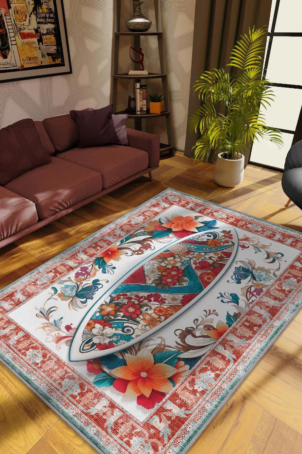 Homshtag Sörf Tahtası Çok Renkli 4 mm Pamuk Antistatik Yıkanabilir İnce Kaymaz Dikdörtgen Makine Dokuma Salon Halısı 100x200 cm