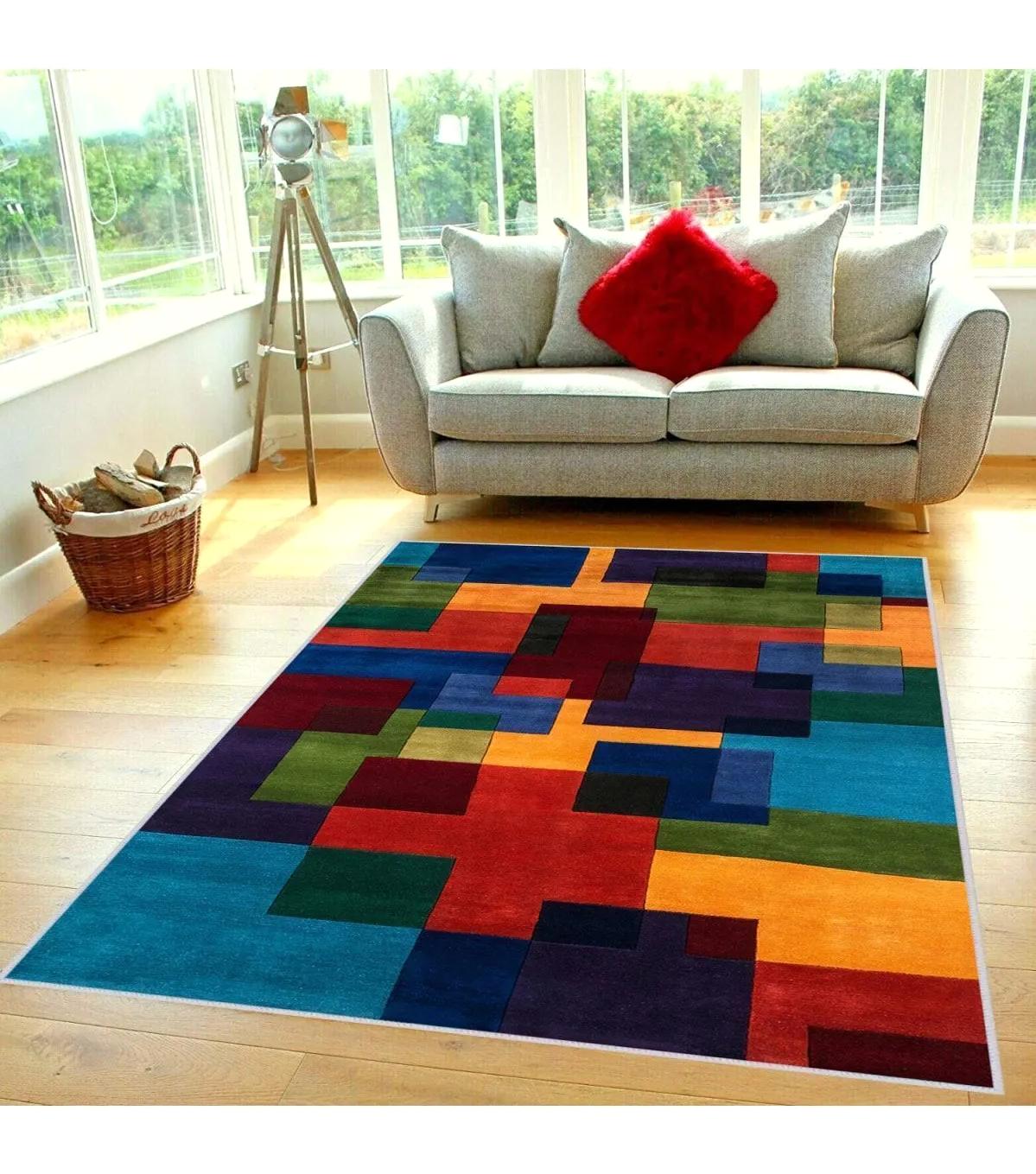 Rovigo Home RVG0381 Çok Renkli 8 mm Polyester Antibakteriyel-Leke Tutmaz-Toz Tutmaz Yıkanabilir İnce Kaymaz Dot Taban Dikdörtgen Makine Dokuma Salon Halısı 140x200 cm