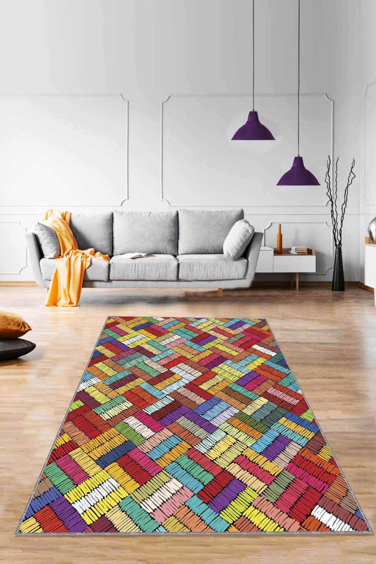 Viva Home RV256 Krem 7 mm Mikropolyester Leke Tutmaz Yıkanabilir Orta Kaymaz Dot Taban Dikdörtgen Makine Dokuma Oturma Odası Halısı 100x160 cm