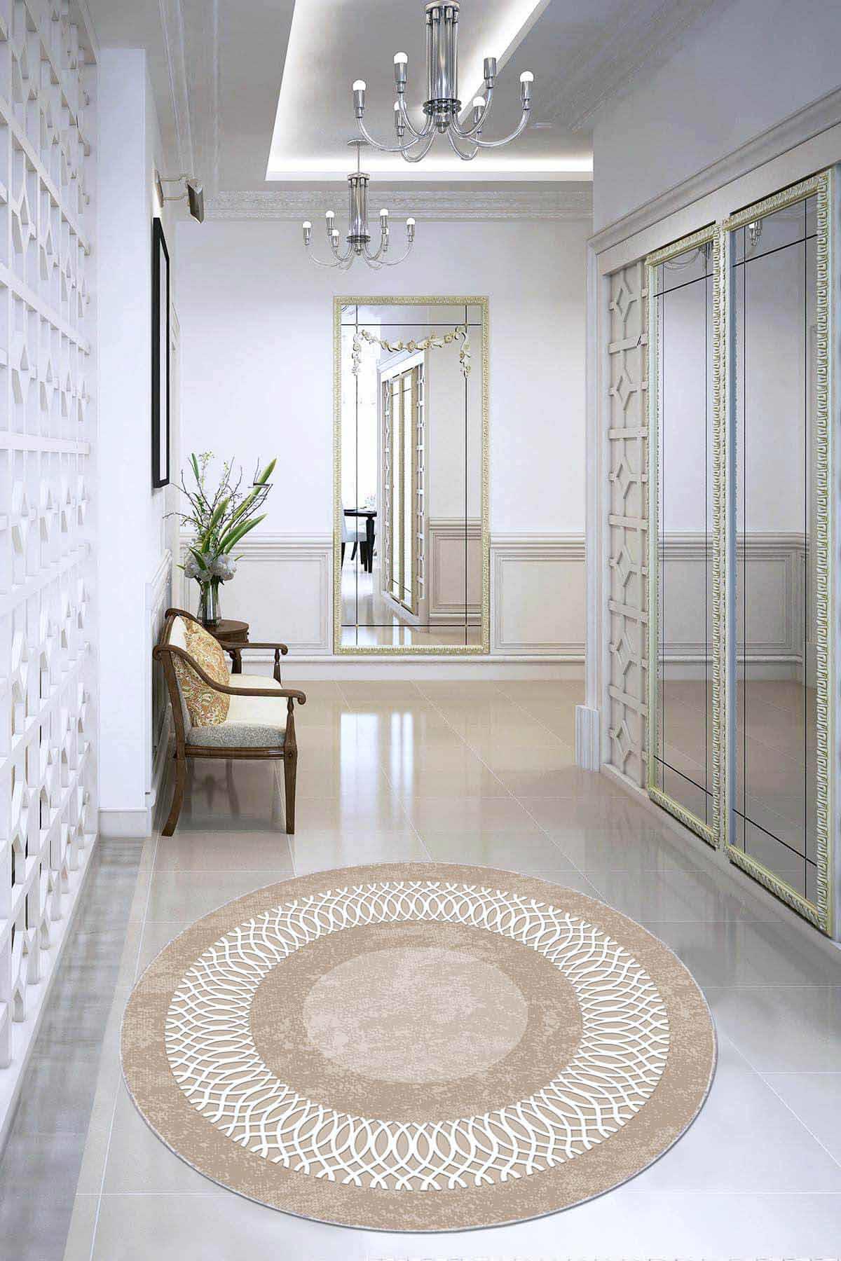 Viva Home AR945 Bej 7 mm Mikropolyester Yıkanabilir İnce Kaymaz Jüt Taban Yuvarlak Makine Dokuma Salon Halısı 160x233 cm
