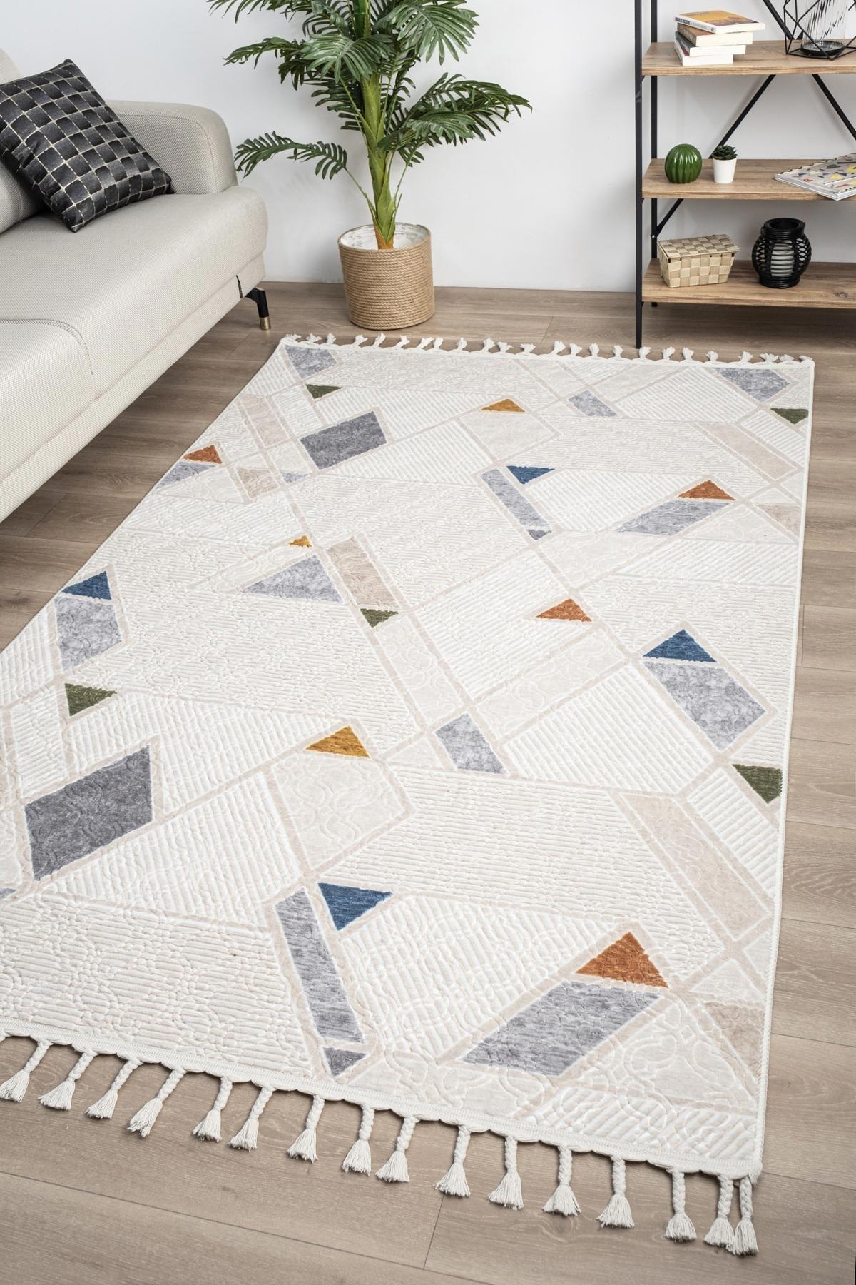 Valery Home 8005 Krem 12 mm Polipropilen Antibakteriyel Yıkanabilir Orta Kaymaz Dot Taban Dikdörtgen Makine Dokuma Salon Halısı 140x200 cm