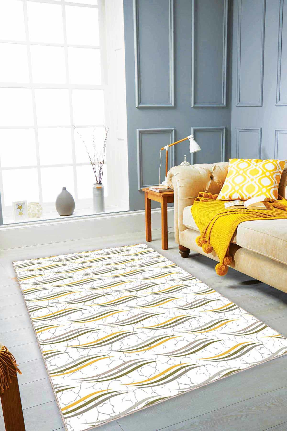 Viva Home RUZ03 Sarı-Yeşil 7 mm Mikropolyester Yalıtıma Yardımcı Yıkanabilir İnce Kaymaz Taban Dikdörtgen Makine Dokuma Antre-Salon-Yatak Odası Halısı 120x400 cm