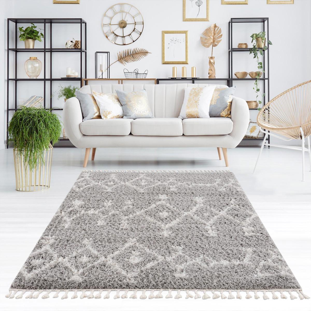 Petra Home Living Gri-Krem 50 mm Polyester Antibakteriyel Yıkanabilir Kalın Kaymaz Lateks Taban Dikdörtgen Makine Dokuma Salon Halısı 160x230 cm
