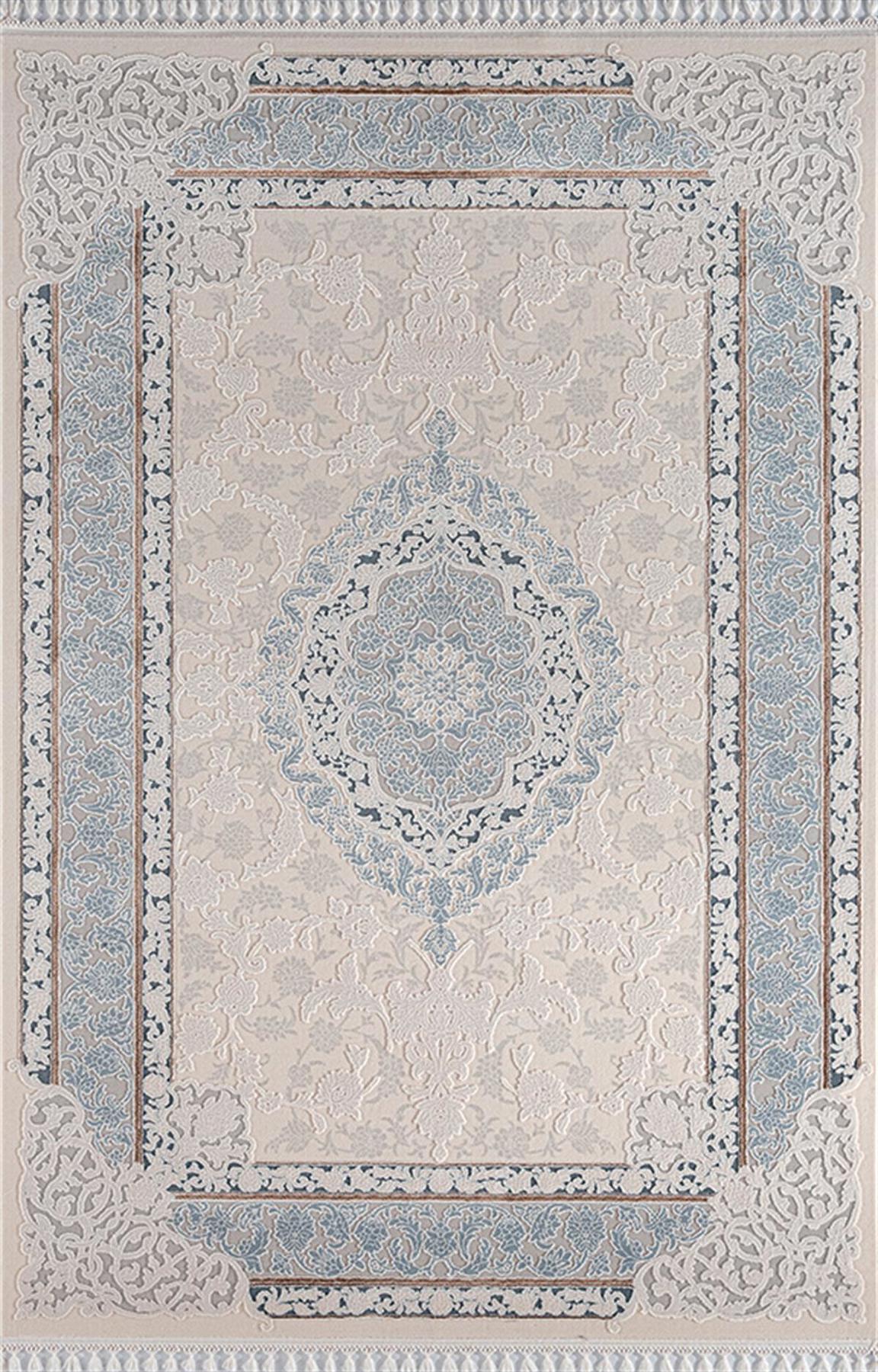 Sanat Halı Delüks 6991 Bej - Mavi 14 mm Akrilik Yıkanabilir Kalın Kaymaz Lateks Taban Dikdörtgen Makine Dokuma Salon Halısı 100x300 cm