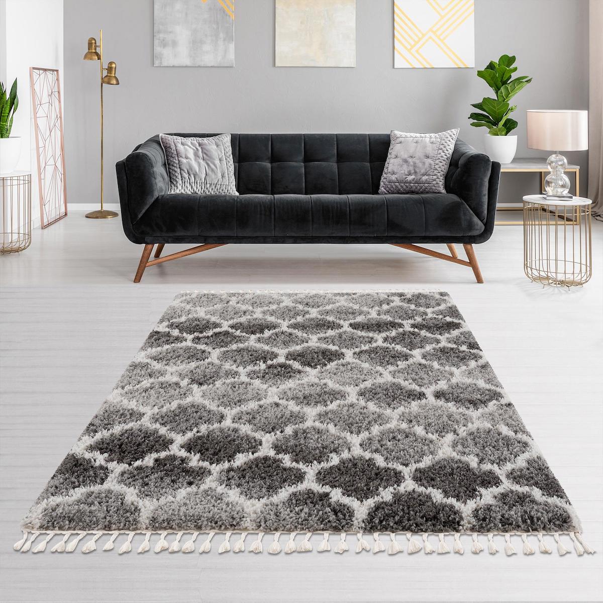Petra Home Living Antrasit - Beyaz 50 mm Polyester Antibakteriyel Yıkanabilir Kalın Kaymaz Lateks Taban Dikdörtgen Makine Dokuma Salon Halısı 200x290 cm