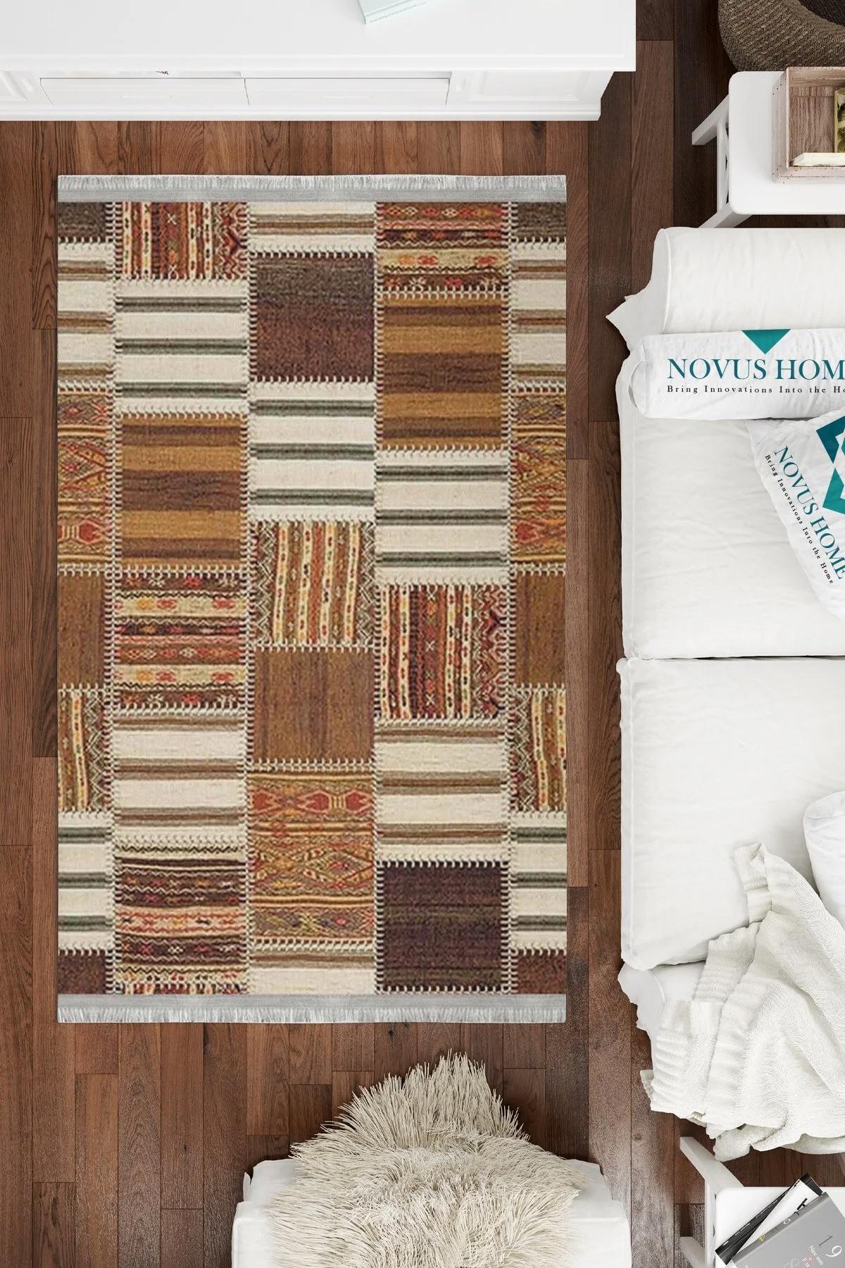 Novus Home Verona Serisi Ekru - Kahverengi 6 mm Polyester Antibakteriyel-Toz Tutmaz-Yalıtıma Yardımcı Yıkanabilir İnce Kaymaz Taban Dikdörtgen Makine Dokuma Antre-Salon-Yatak Odası Halısı 200x300 cm