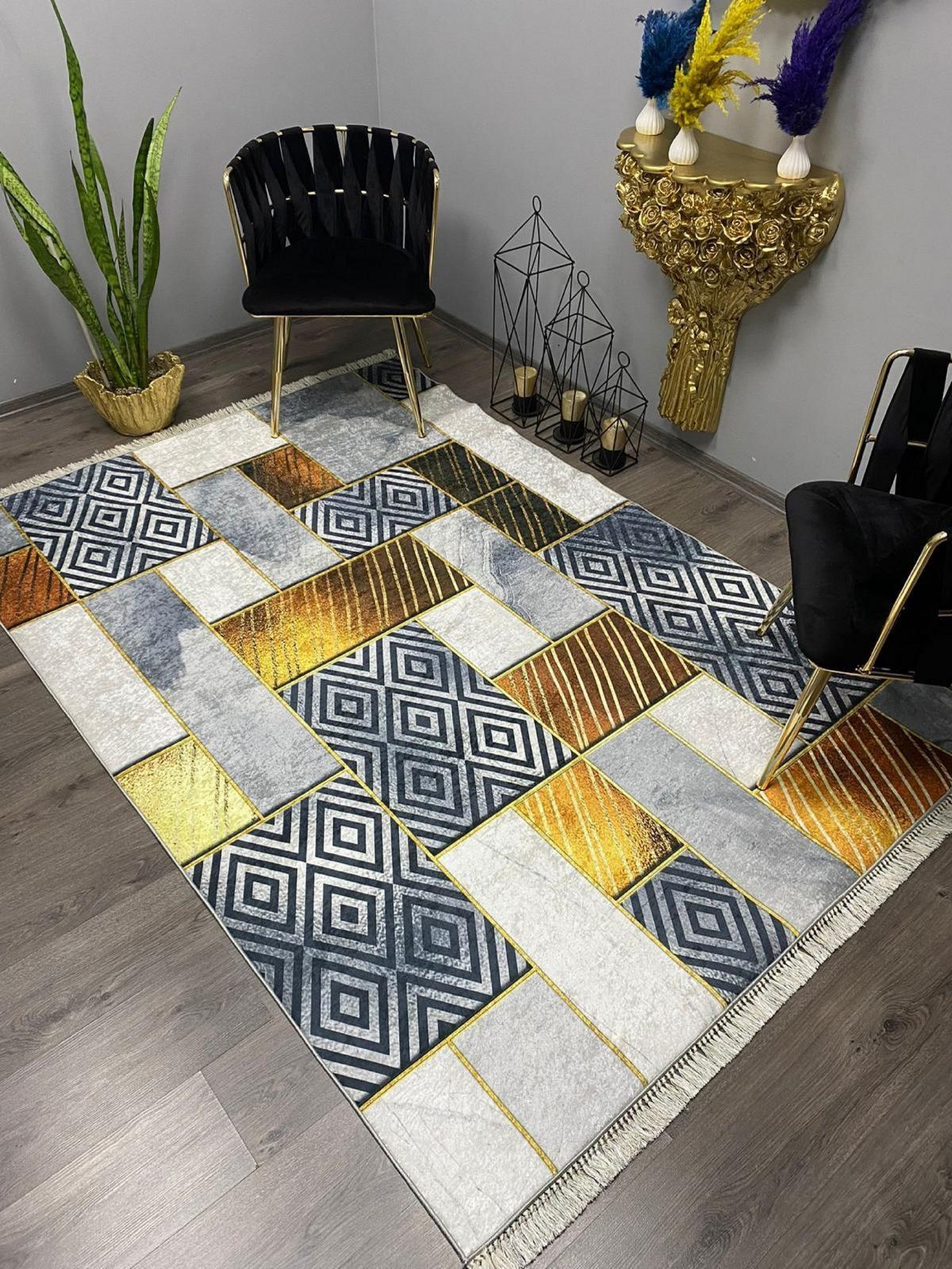 Halı Furyası Çok Renkli 7 mm Mikropolyester Antibakteriyel Yıkanabilir Kalın Kaymaz Deri Taban Dikdörtgen Makine Dokuma Salon Halısı 200x290 cm
