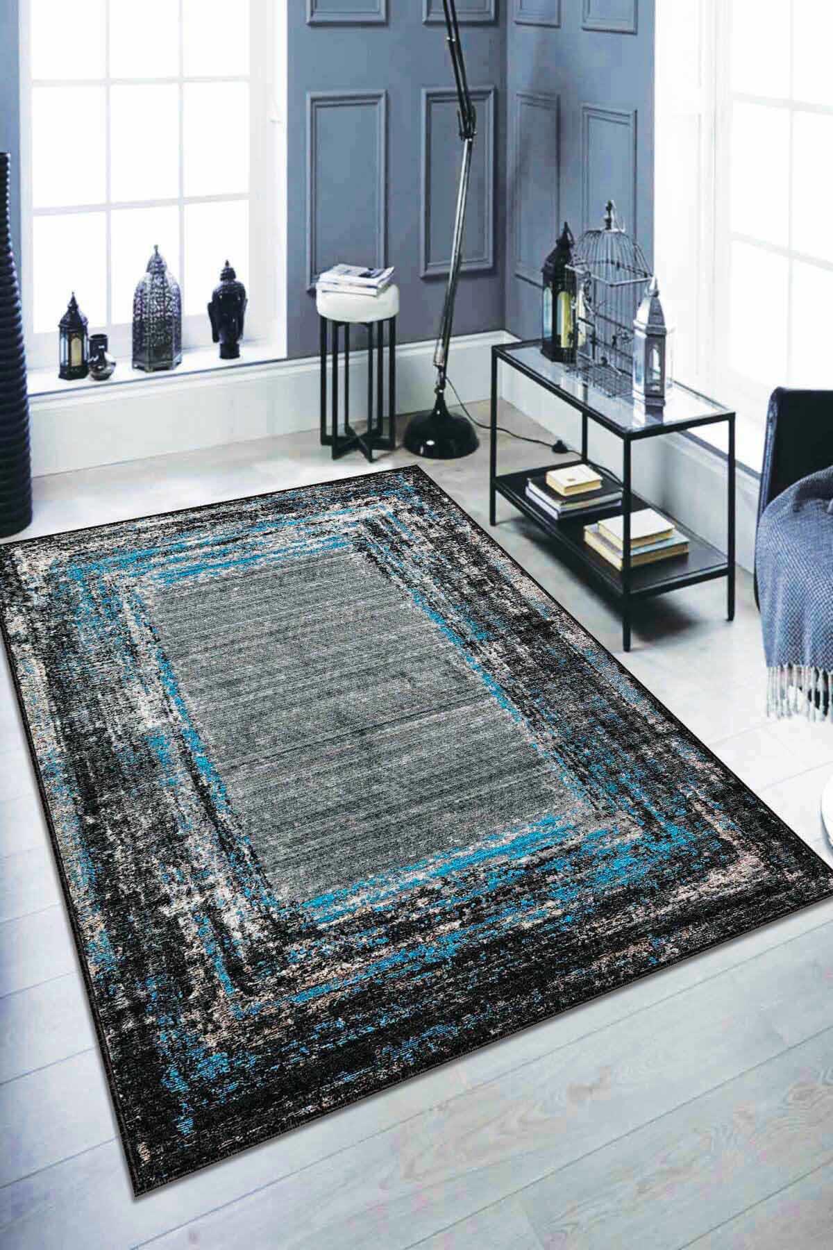 Viva Home AR123 Mavi 7 mm Mikropolyester Antialerjenik Yıkanabilir İnce Kaymaz Dot Taban Dikdörtgen Makine Dokuma Salon Halısı 120x180 cm
