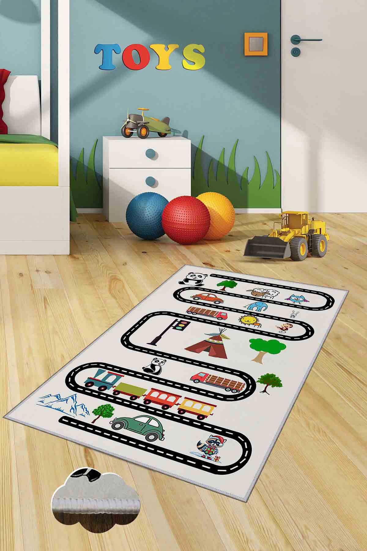 Homefesto Krem 5 mm Polyester Leke Tutmaz Yıkanabilir İnce Kaymaz Taban Dikdörtgen Makine Dokuma Çocuk Odası Halısı 180x280 cm