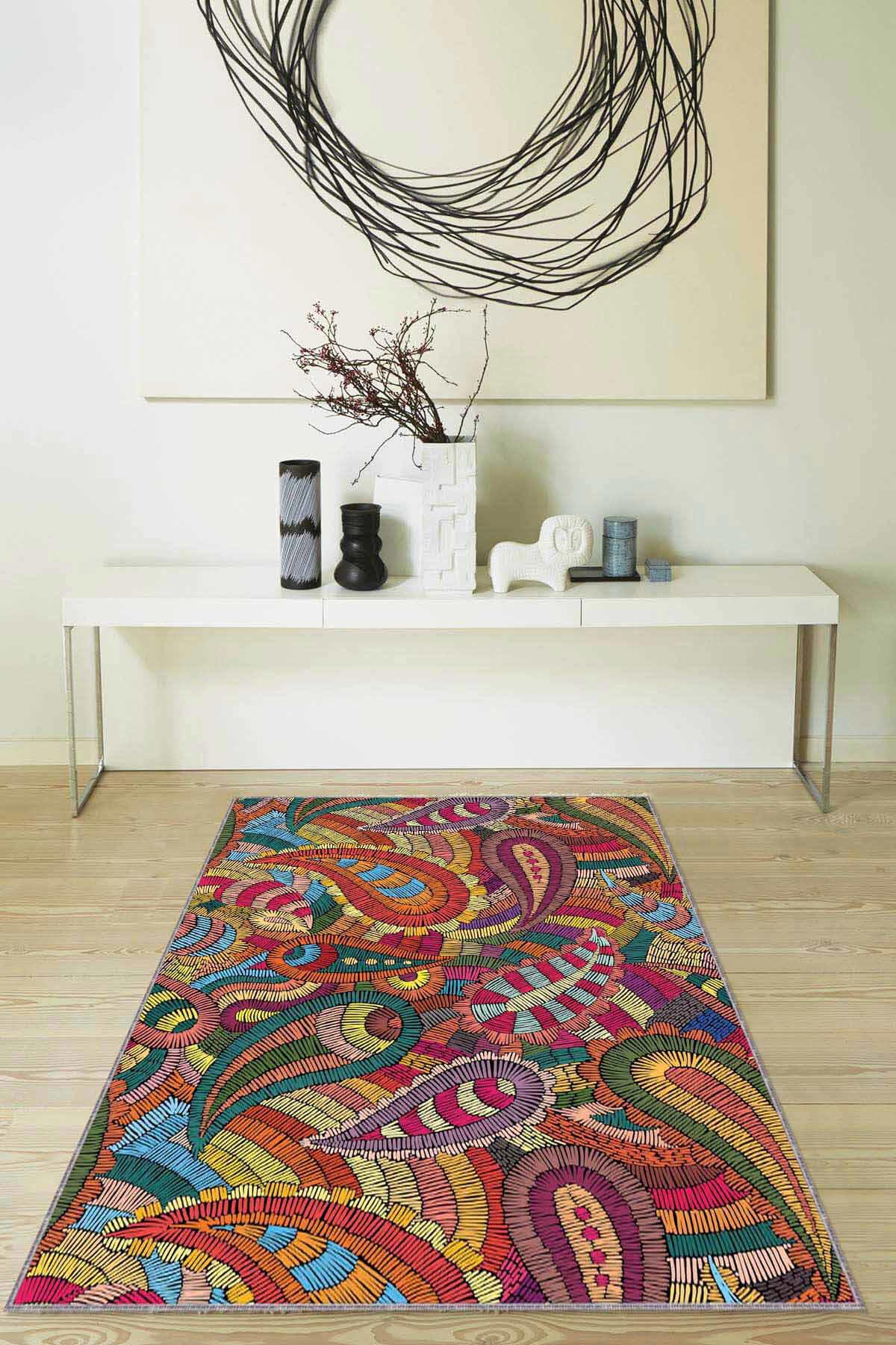 Viva Home RV253 Krem 7 mm Mikropolyester Leke Tutmaz Yıkanabilir Orta Kaymaz Dot Taban Dikdörtgen Makine Dokuma Oturma Odası Halısı 120x250 cm