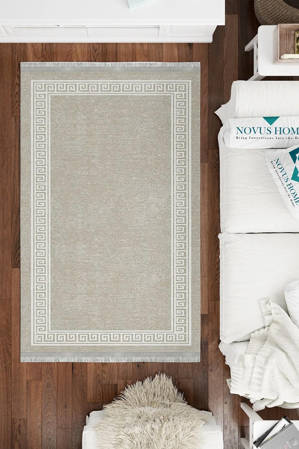 Novus Home Cotton Serisi Ekru - Krem 5 mm Pamuk Antibakteriyel-Toz Tutmaz-Yalıtıma Yardımcı Yıkanabilir İnce Kaymaz Taban Dikdörtgen Makine Dokuma Antre-Salon-Yatak Odası Halısı 200x300 cm