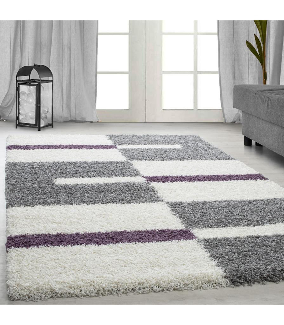 Carpettex Gri - Lila 30 mm Polipropilen Antialerjenik Yıkanabilir Kalın Kaymaz Jüt Taban Dikdörtgen Makine Dokuma Salon Halısı 120x300 cm