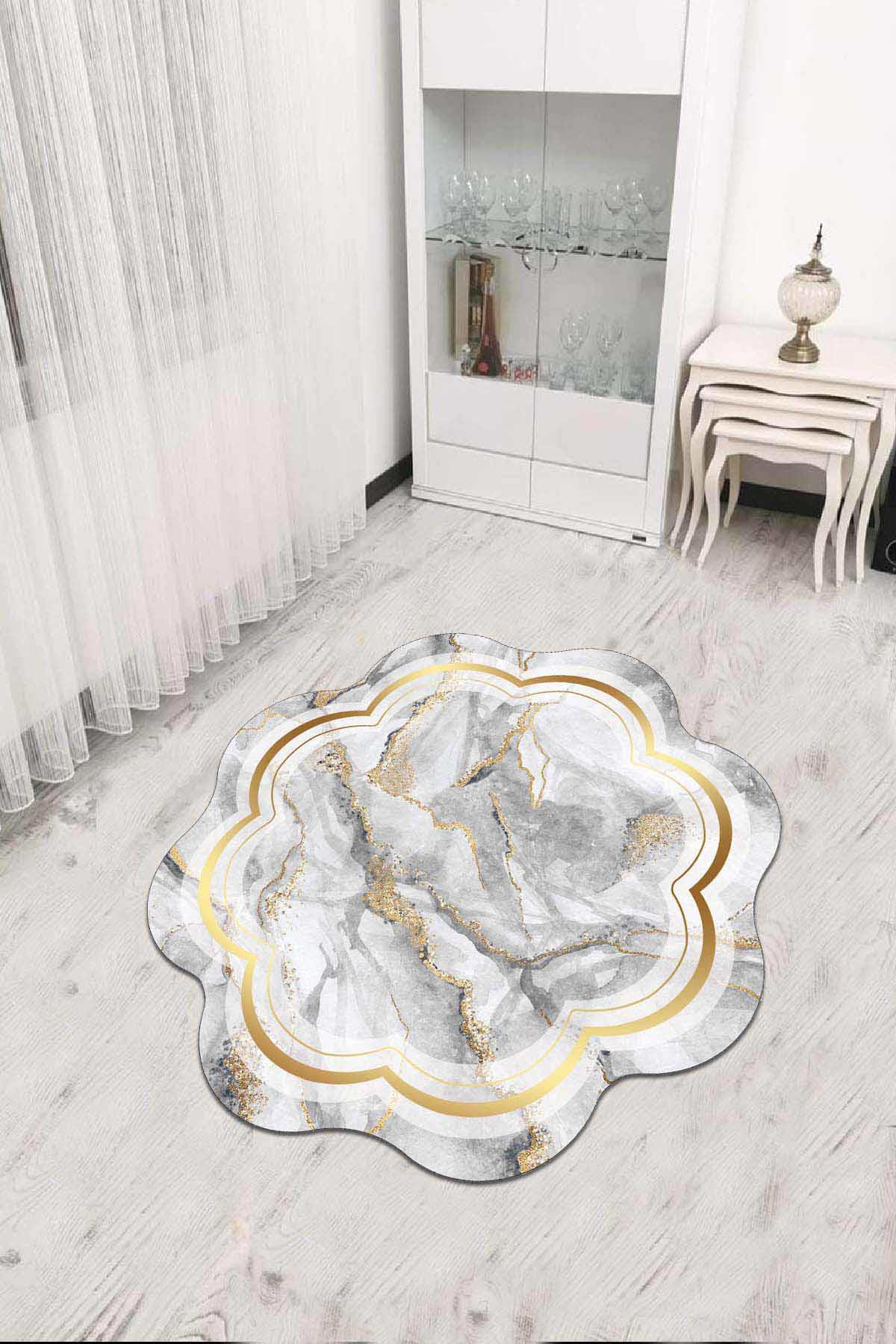 Viva Home RV306 Altın-Gri 7 mm Mikropolyester Toz Tutmaz Yıkanabilir İnce Kaymaz Dot Taban Yuvarlak Makine Dokuma Salon Halısı 200x300 cm